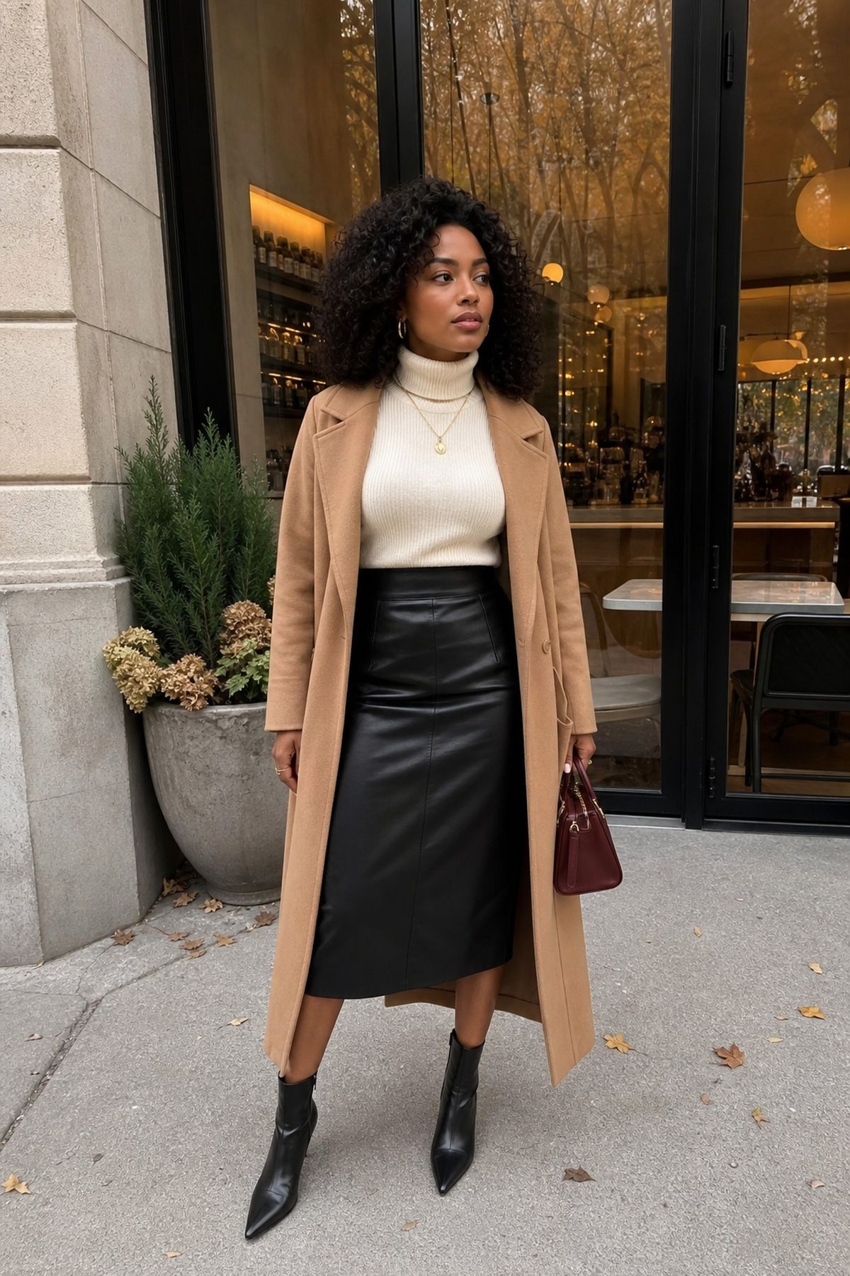 Woman wearing a black leather midi with a camel coat, a black skirt fall outfit