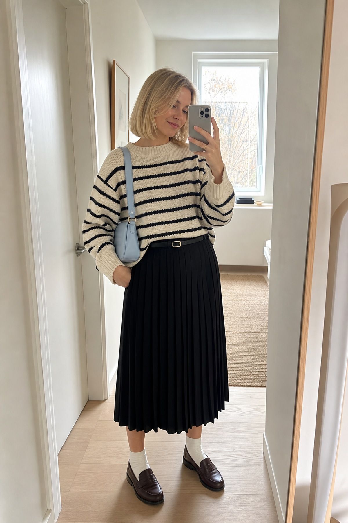 Woman wearing a black pleated skirt with a striped knit and loafers, a black skirt fall outfit