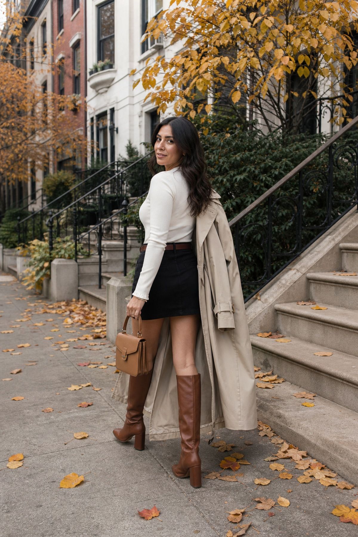 Woman wearing a black mini with tall brown boots and a trench, a black skirt fall outfit