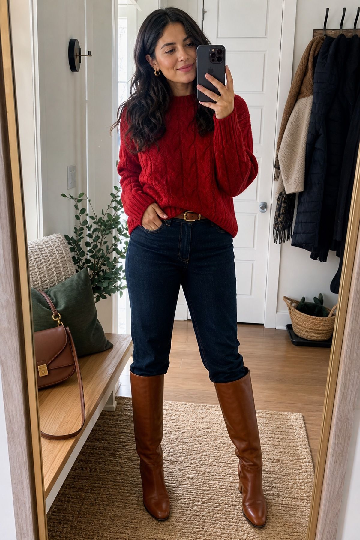 Woman wearing a red cable knit with dark wash jeans and cognac boots, a casual Christmas outfit