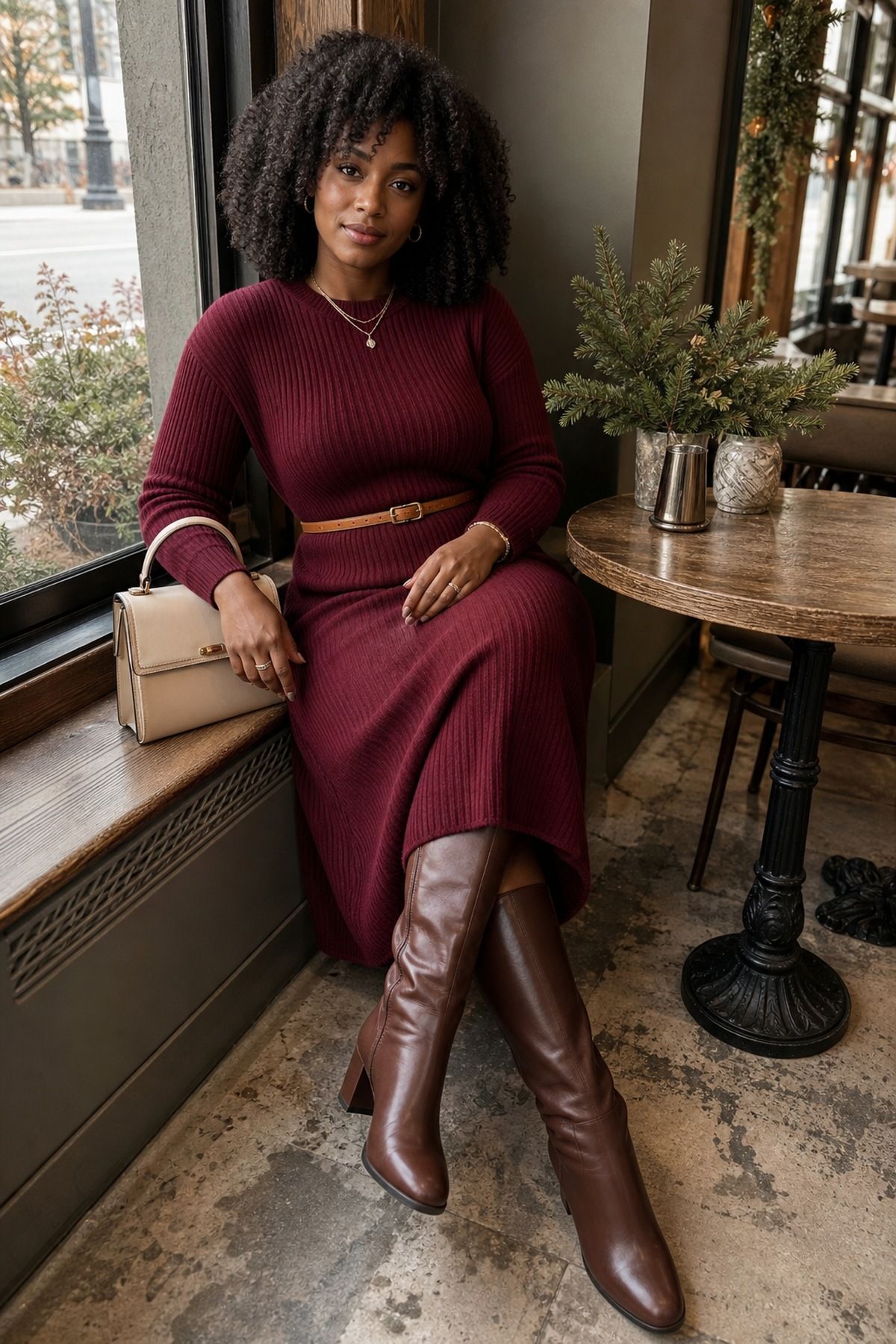 Woman wearing a burgundy ribbed sweater dress with knee-high boots, a casual Christmas outfit