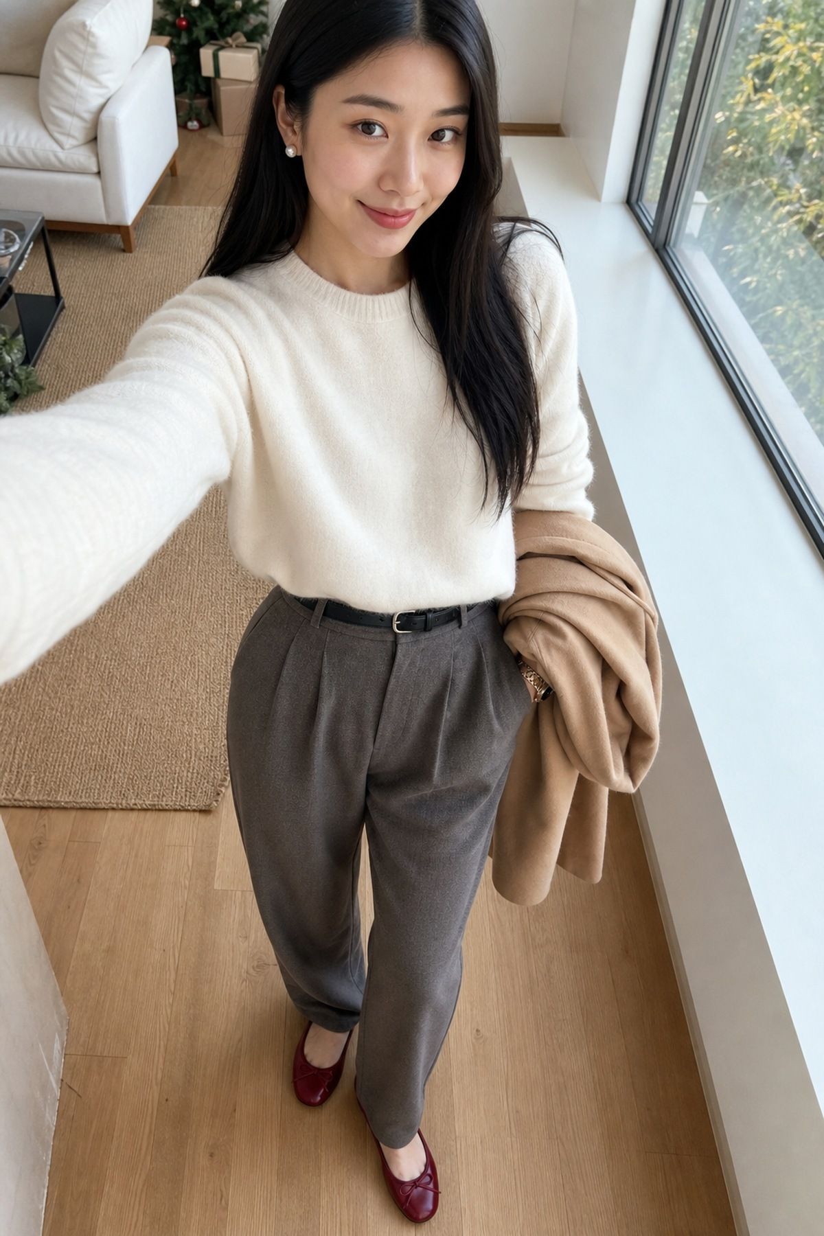 Woman wearing a cream cashmere crewneck with wool trouser, a casual Christmas outfit
