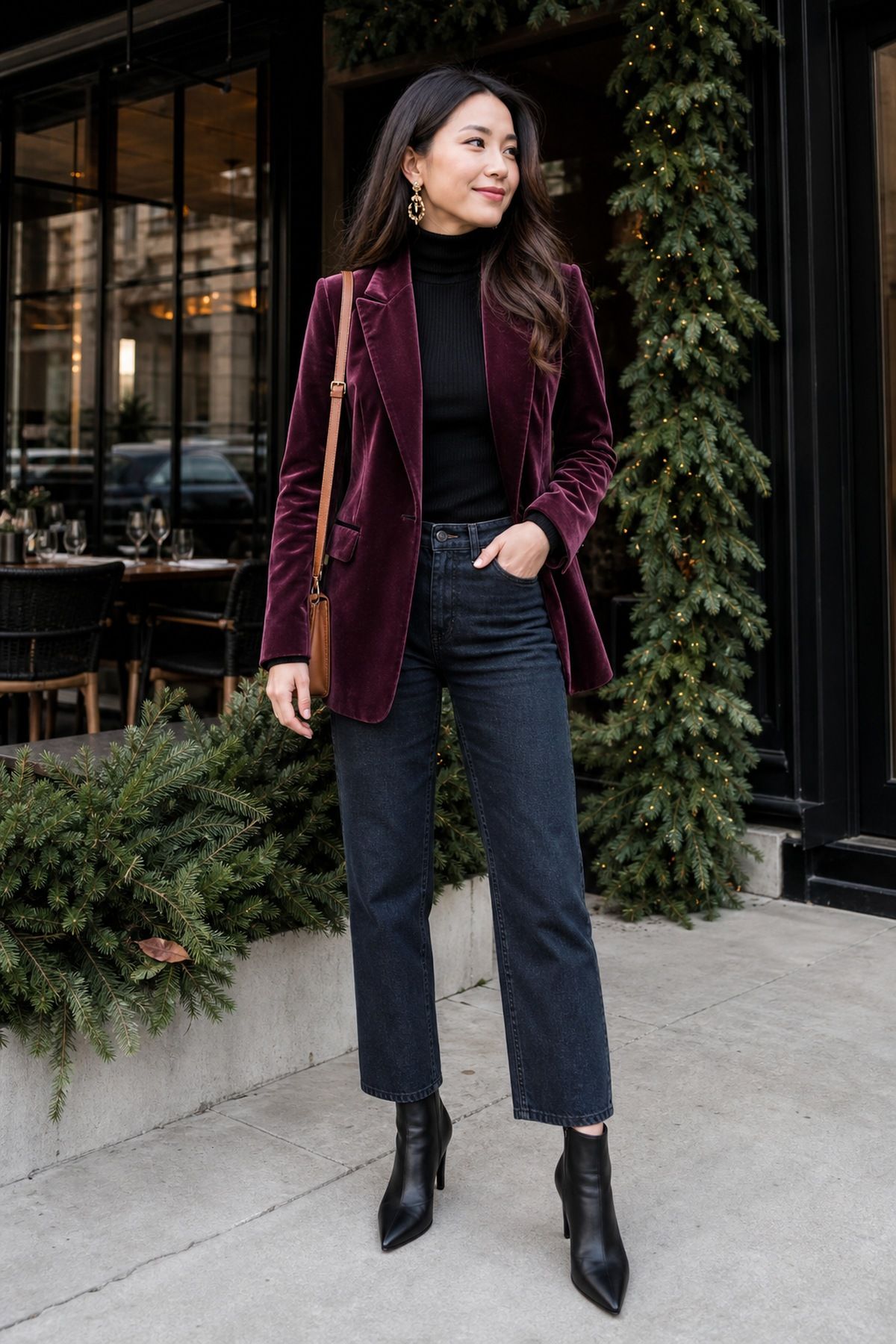 Woman wearing a velvet blazer with a fitted turtleneck and dark jeans, a casual Christmas party outfit