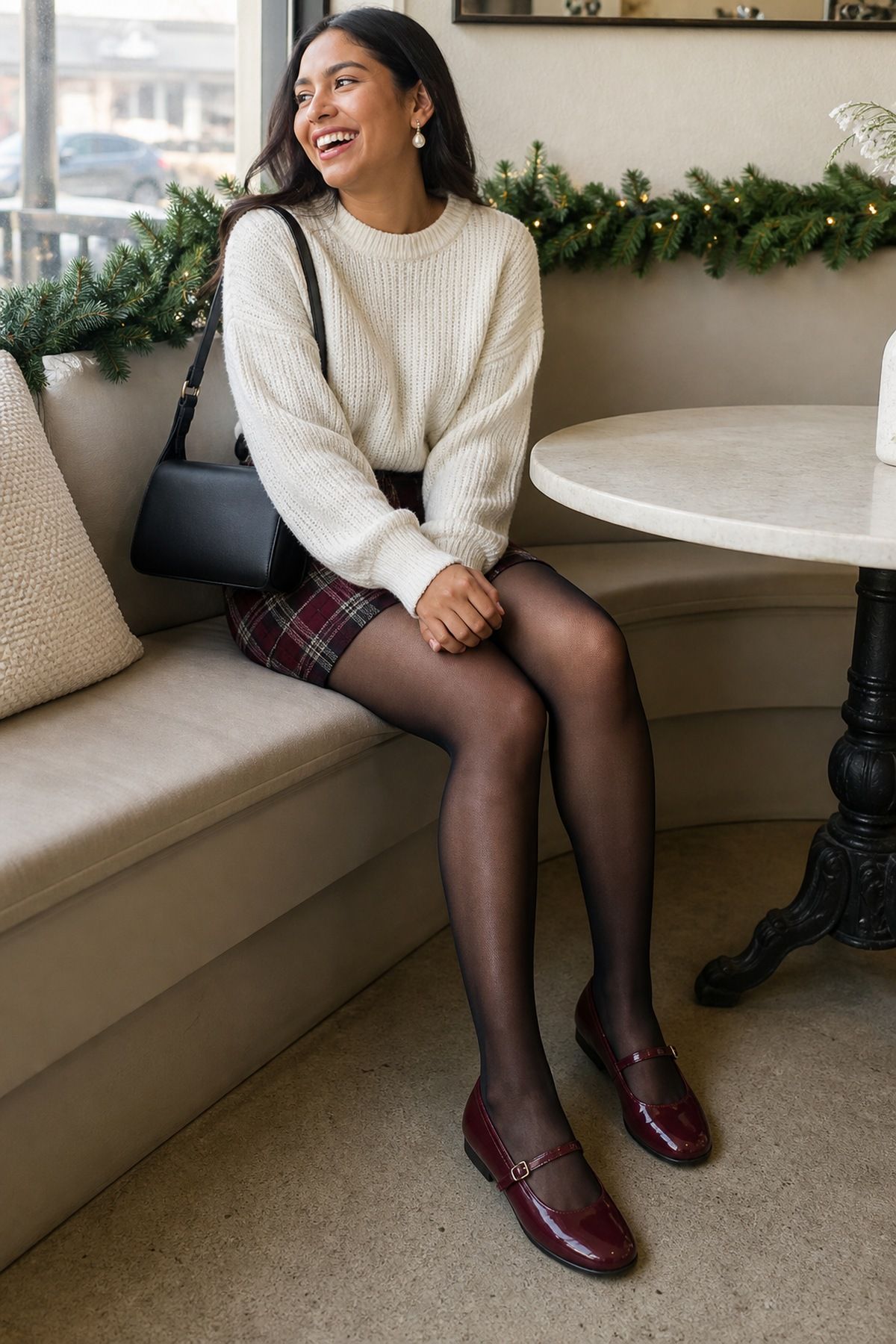 Woman wearing a plaid wool skirt with a cream cable knit, a casual Christmas party outfit