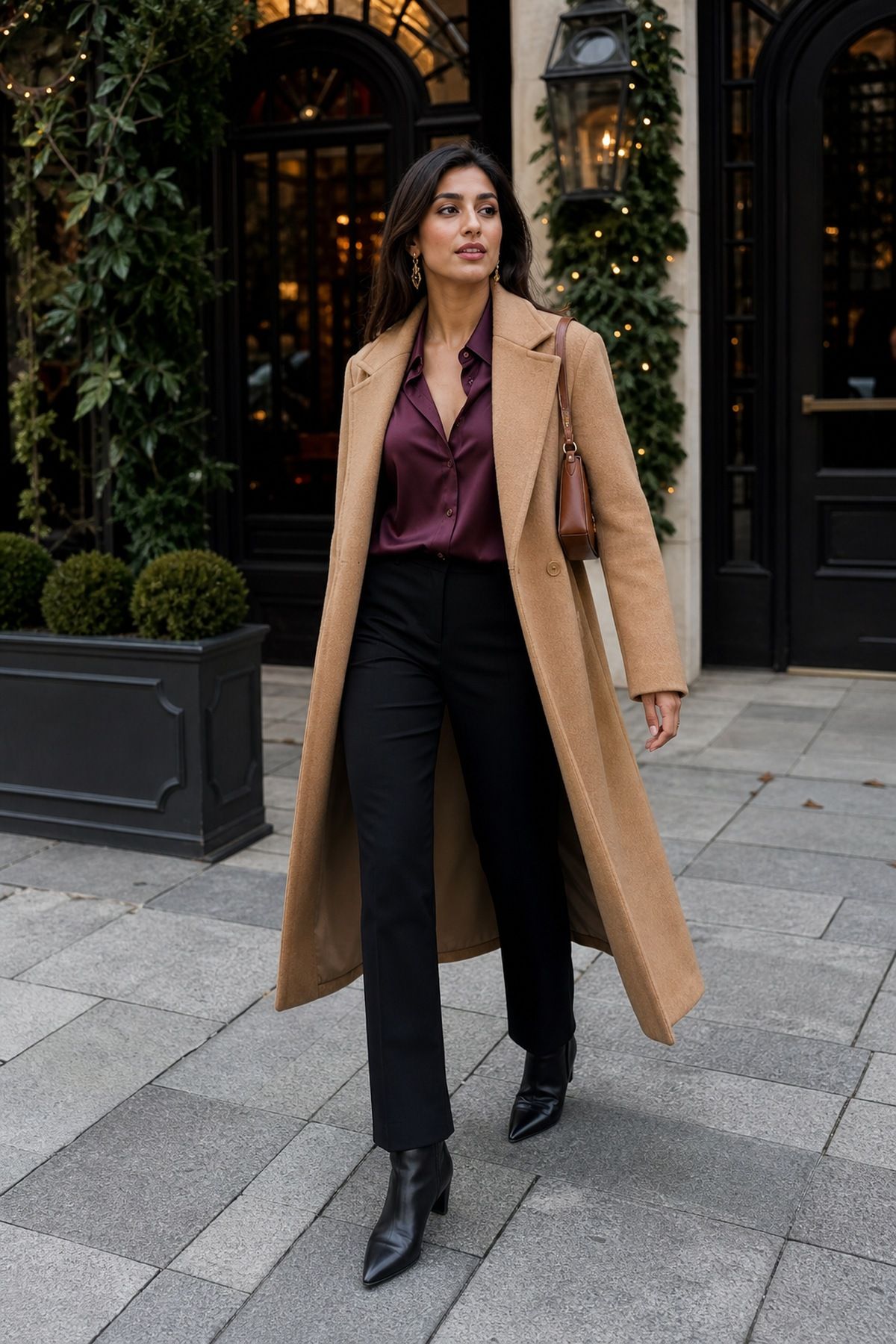 Woman wearing a longline camel coat over a statement outfit, a casual Christmas party outfit