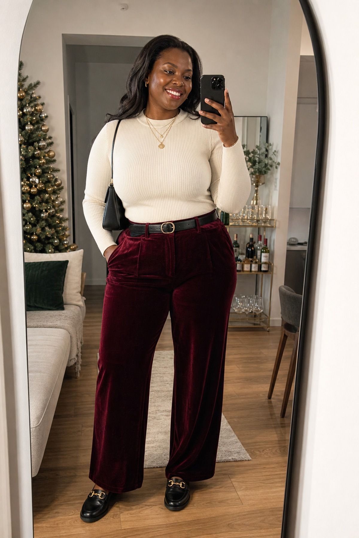 Woman wearing burgundy velvet pants with a fitted cream sweater, a casual Christmas party outfit
