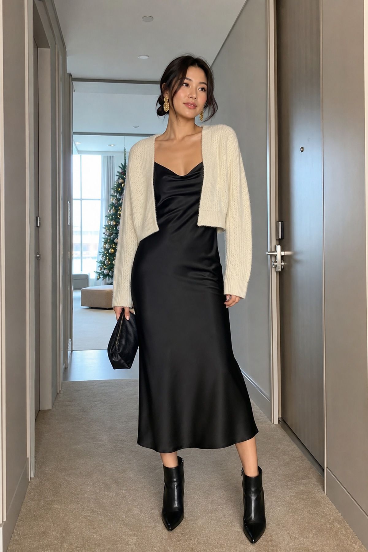 Woman wearing a cropped knit cardigan with a slip midi dress, a casual Christmas party outfit