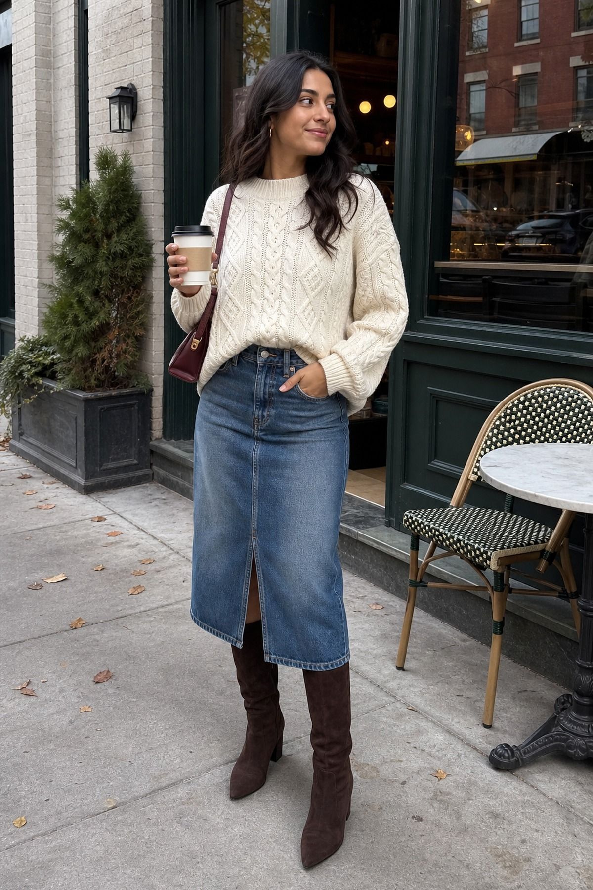 Woman wearing a cable knit front-tucked into denim midi with suede knee-high boots, a casual fall denim skirt outfit