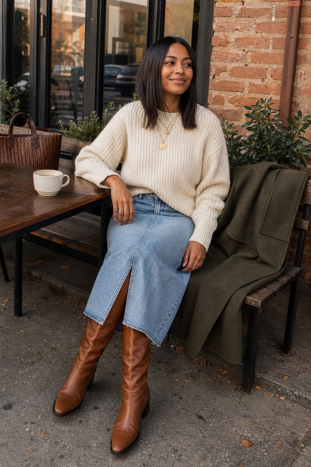 Woman wearing a chunky cream knit with a denim midi and boots, a casual fall denim skirt outfit