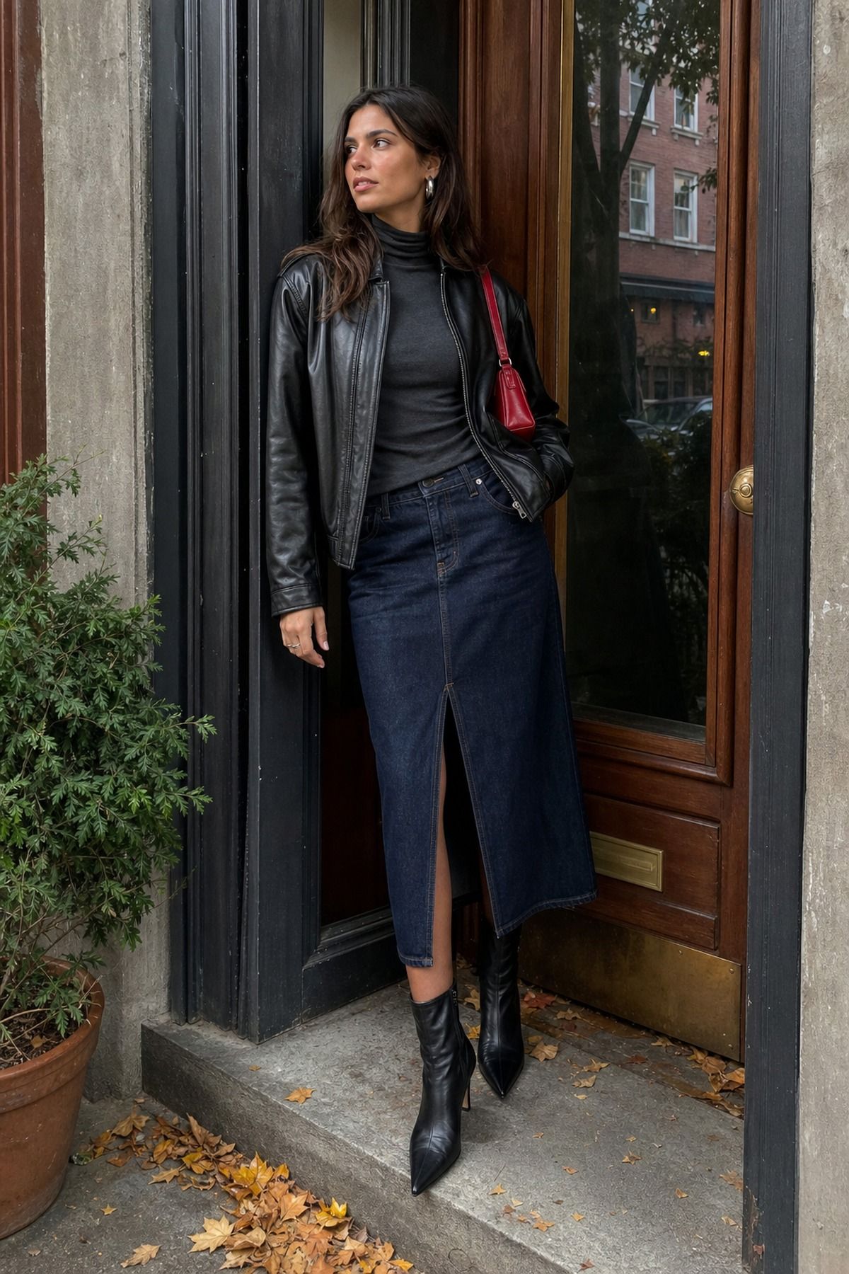 Woman wearing a denim skirt with a leather jacket and slim turtleneck, a casual fall denim skirt outfit