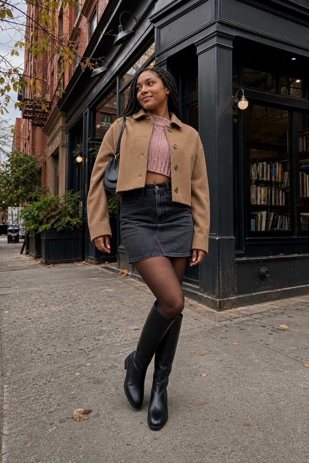 Woman wearing a denim skirt with a cropped sweater and knee-highs, a casual fall denim skirt outfit