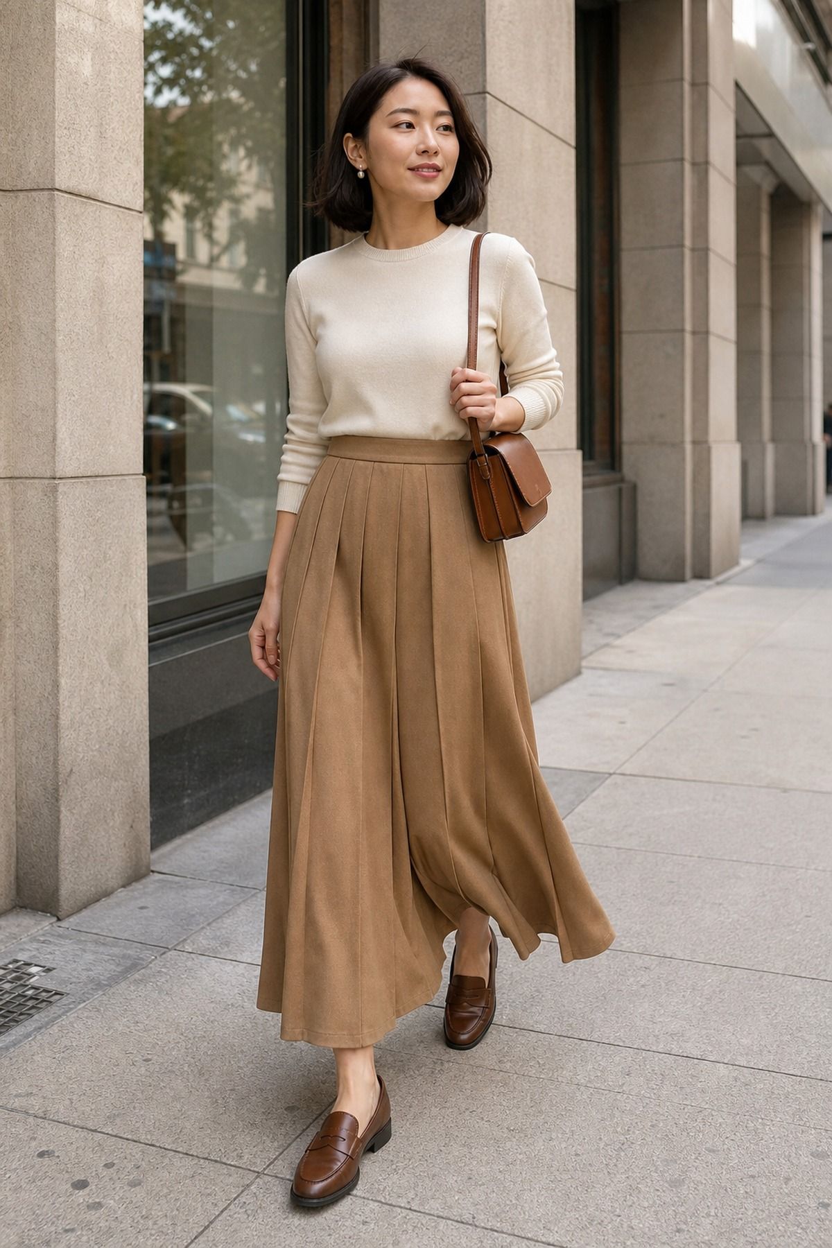 Woman wearing a pleated wool maxi with a cream cashmere crewneck, a casual fall maxi skirt outfit