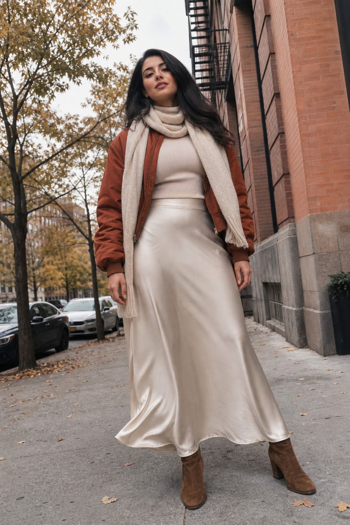 Woman wearing a satin maxi with a bomber jacket and scarf, a casual fall maxi skirt outfit