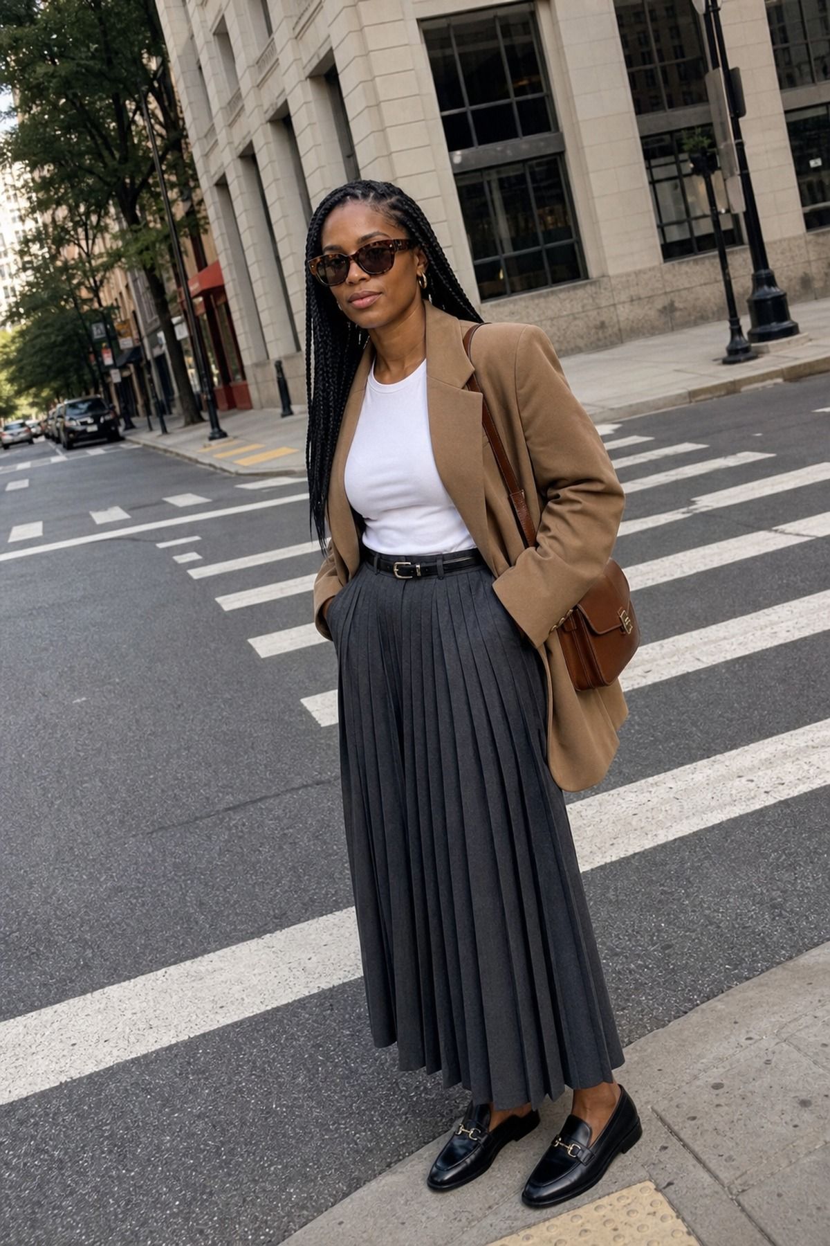 Woman wearing a pleated maxi with a strong blazer, a casual fall maxi skirt outfit