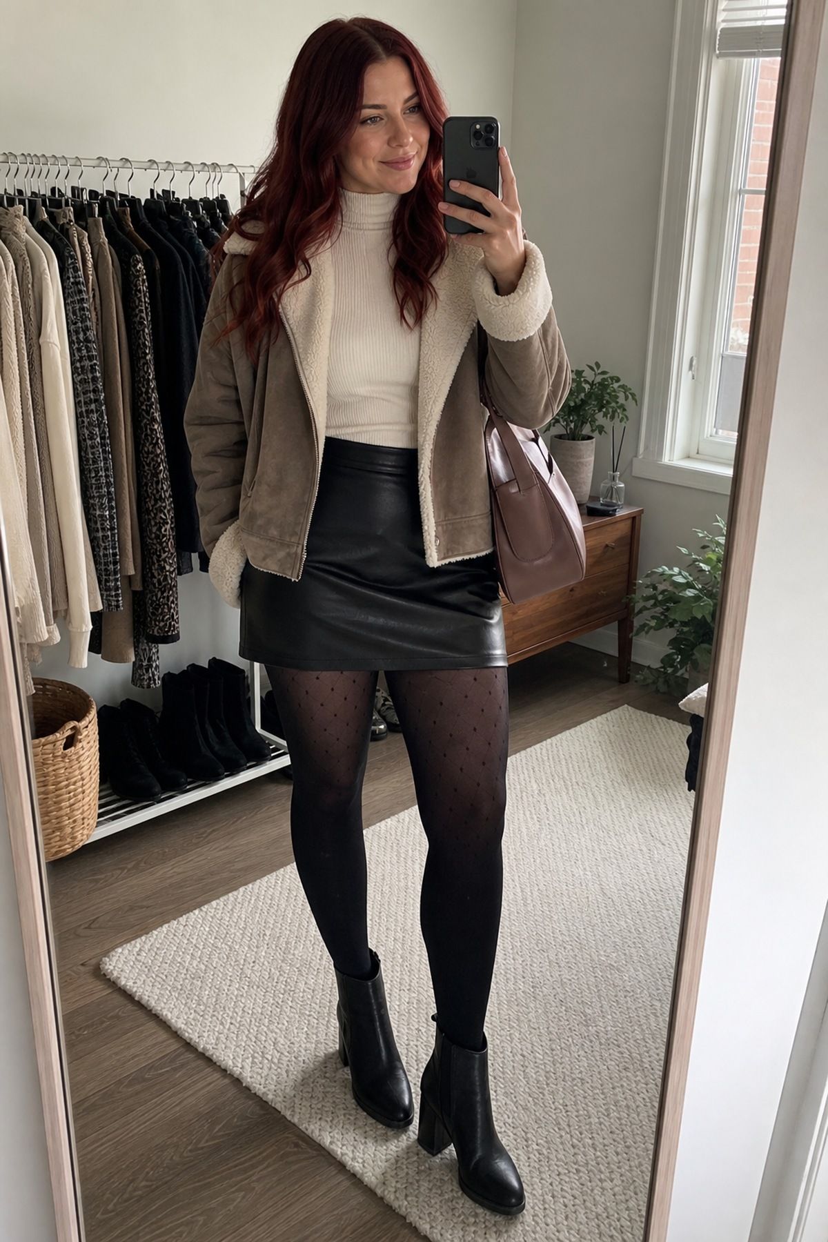 Woman wearing a black leather mini with multiple pairs of tights, a casual fall mini skirt outfit