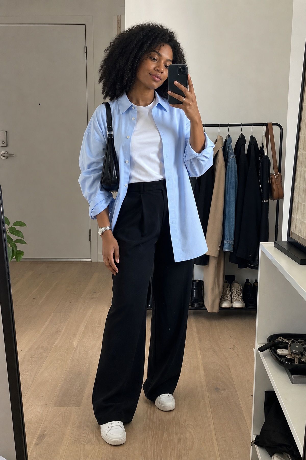 Woman wearing wide-leg black pants with a white tee and oversized button-down, a casual fall outfit