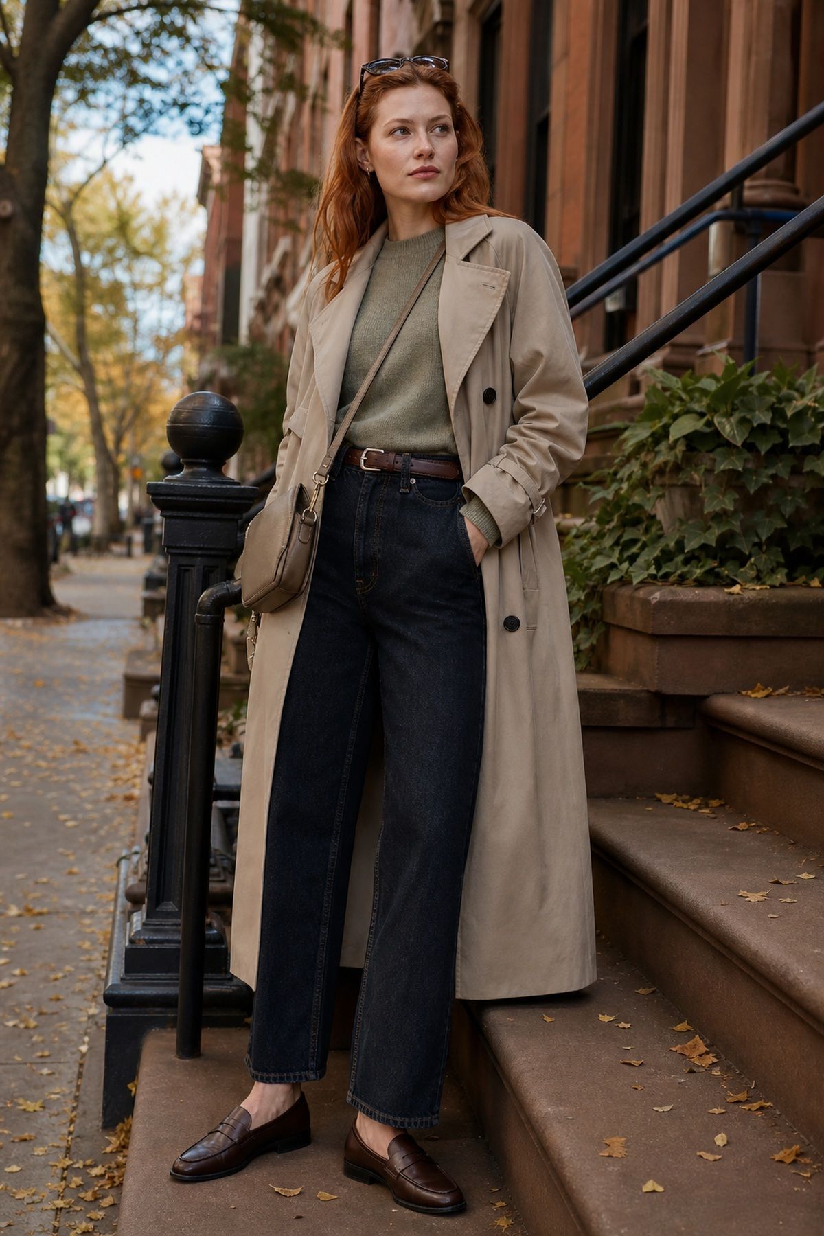 Woman wearing a fine cashmere knit with a long trench and dark jeans, a casual fall outfit