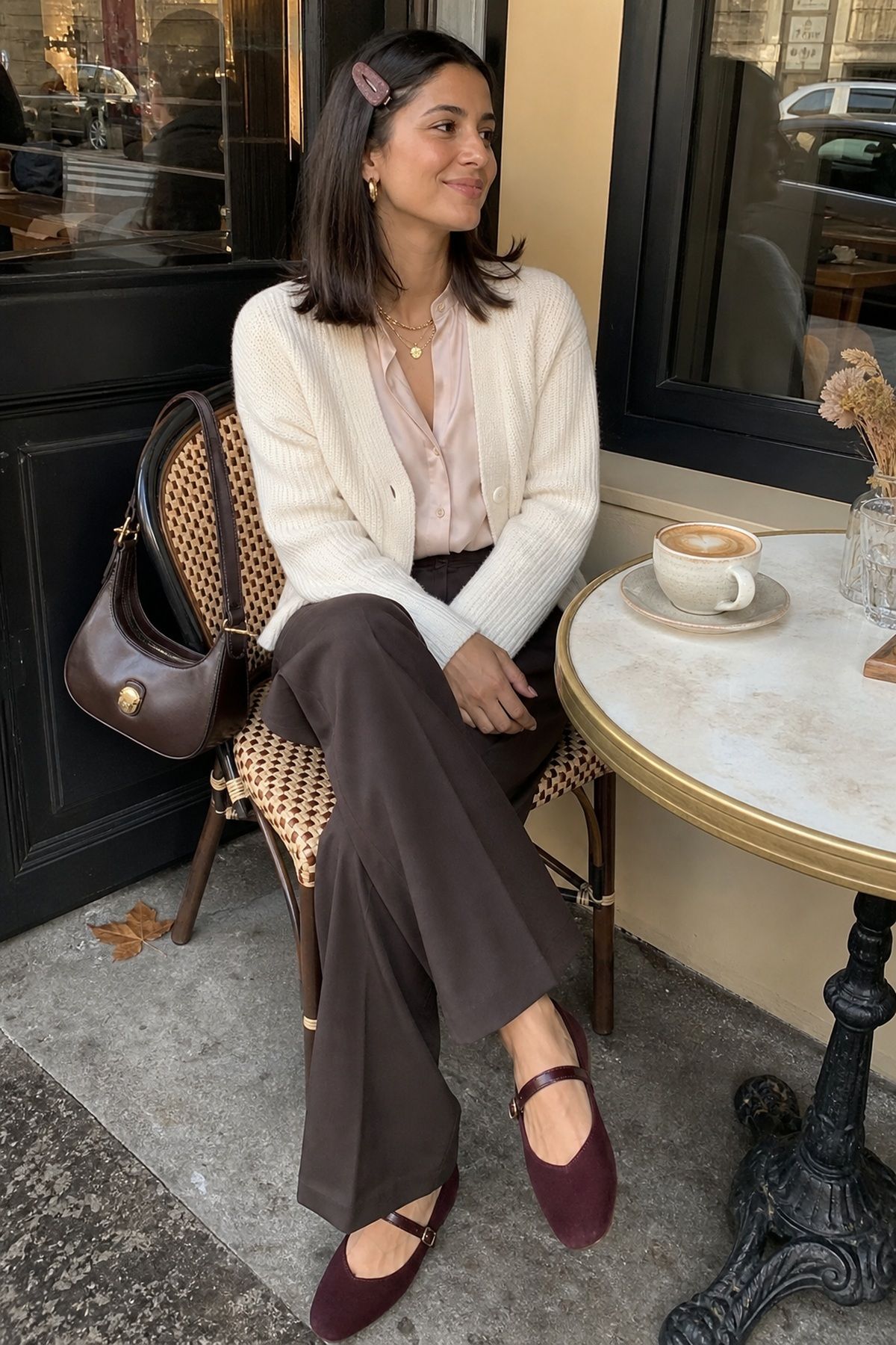 Woman wearing a chunky cardigan with a slim blouse and wide-leg pants, a casual fall outfit