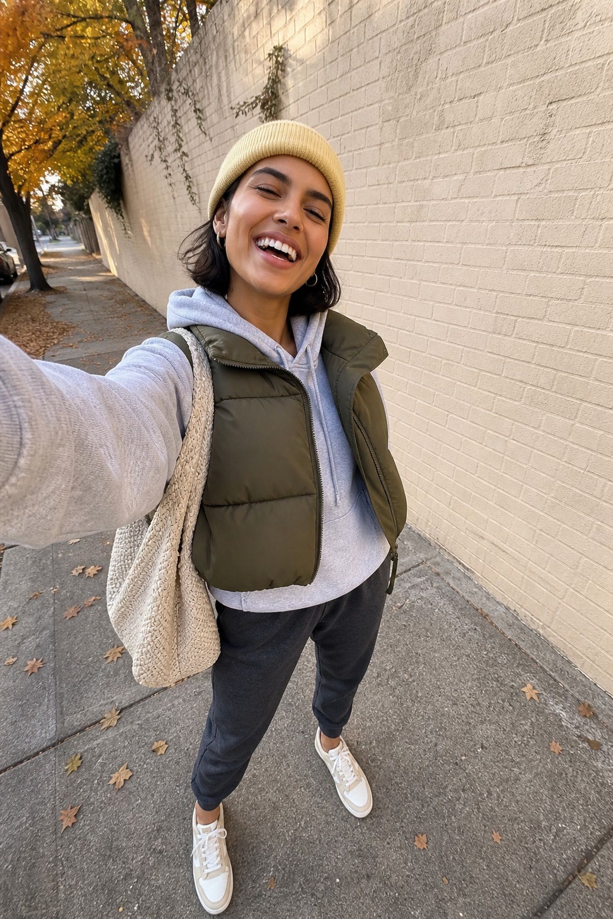 Woman wearing a hoodie with a puffer vest and joggers, a casual fall outfit