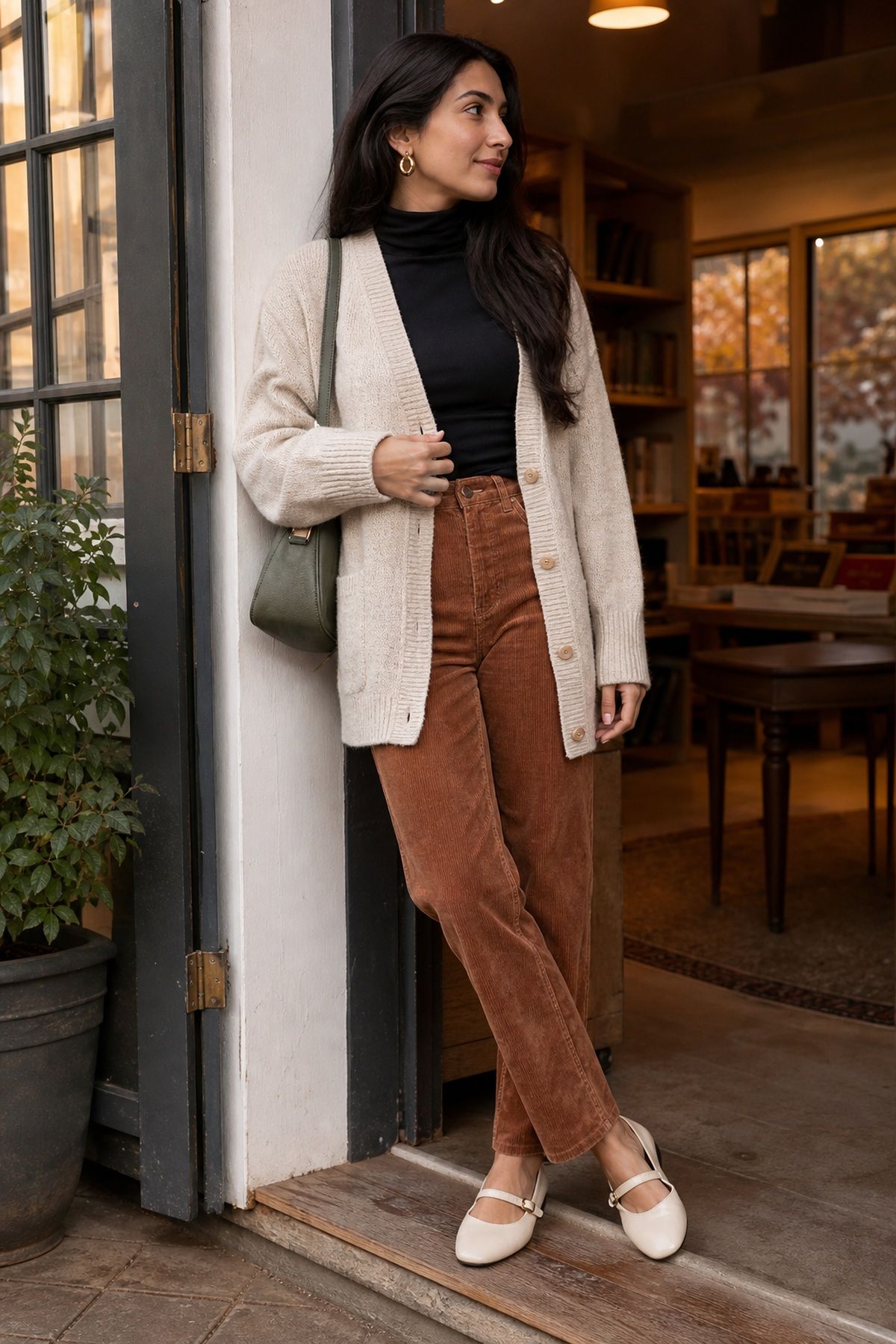 Woman wearing a corduroy pant with a slim turtleneck and cardigan, a casual fall outfit