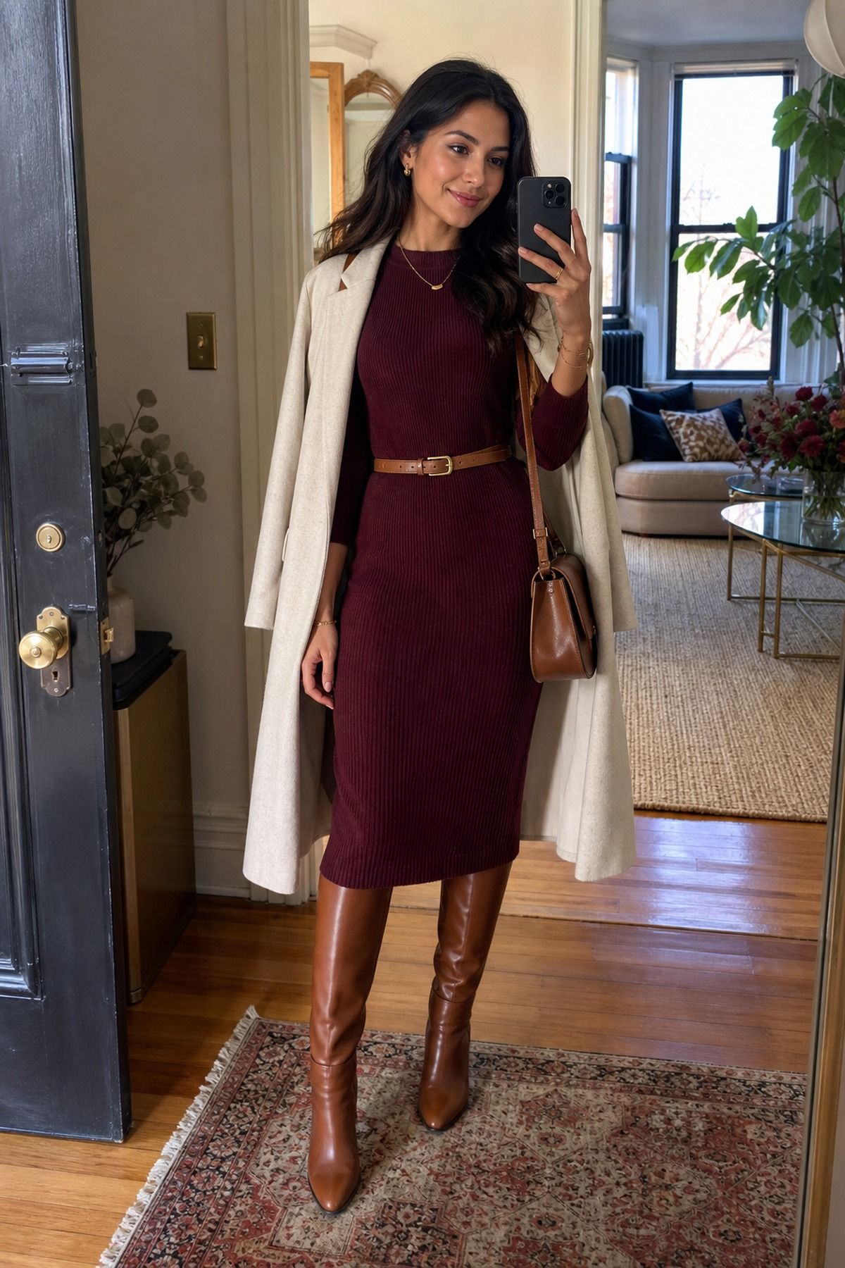 Woman wearing a burgundy knit midi dress with knee-high cognac boots, a casual Friendsgiving outfit
