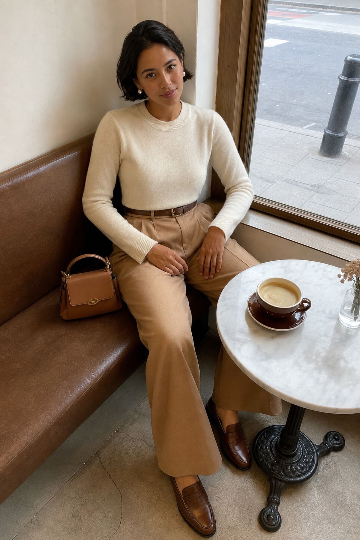 Woman wearing a cream knit with a camel wide-leg trouser, a casual Friendsgiving outfit