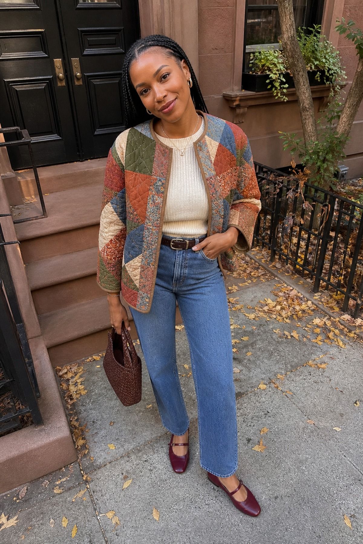 Woman wearing a patchwork jacket over a cream knit and jeans, a casual Friendsgiving outfit