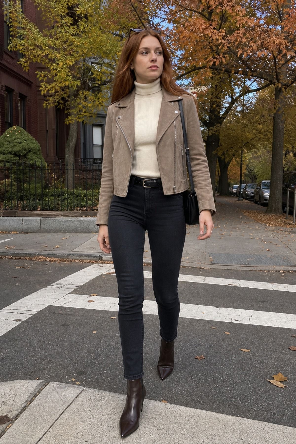 Woman wearing a suede moto jacket with skinny jeans and a slim turtleneck, a casual Friendsgiving outfit