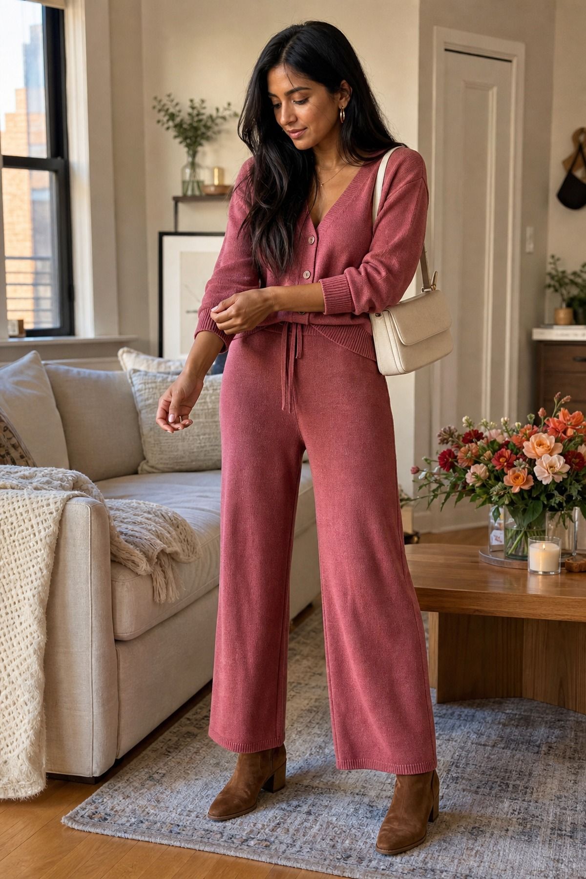 Woman wearing a knit set with ankle boots, a casual Friendsgiving outfit