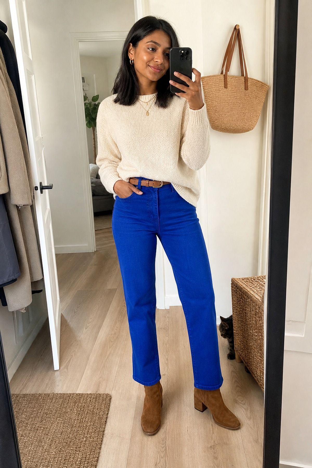 Woman wearing a royal blue jean with a cream knit and chestnut boots
