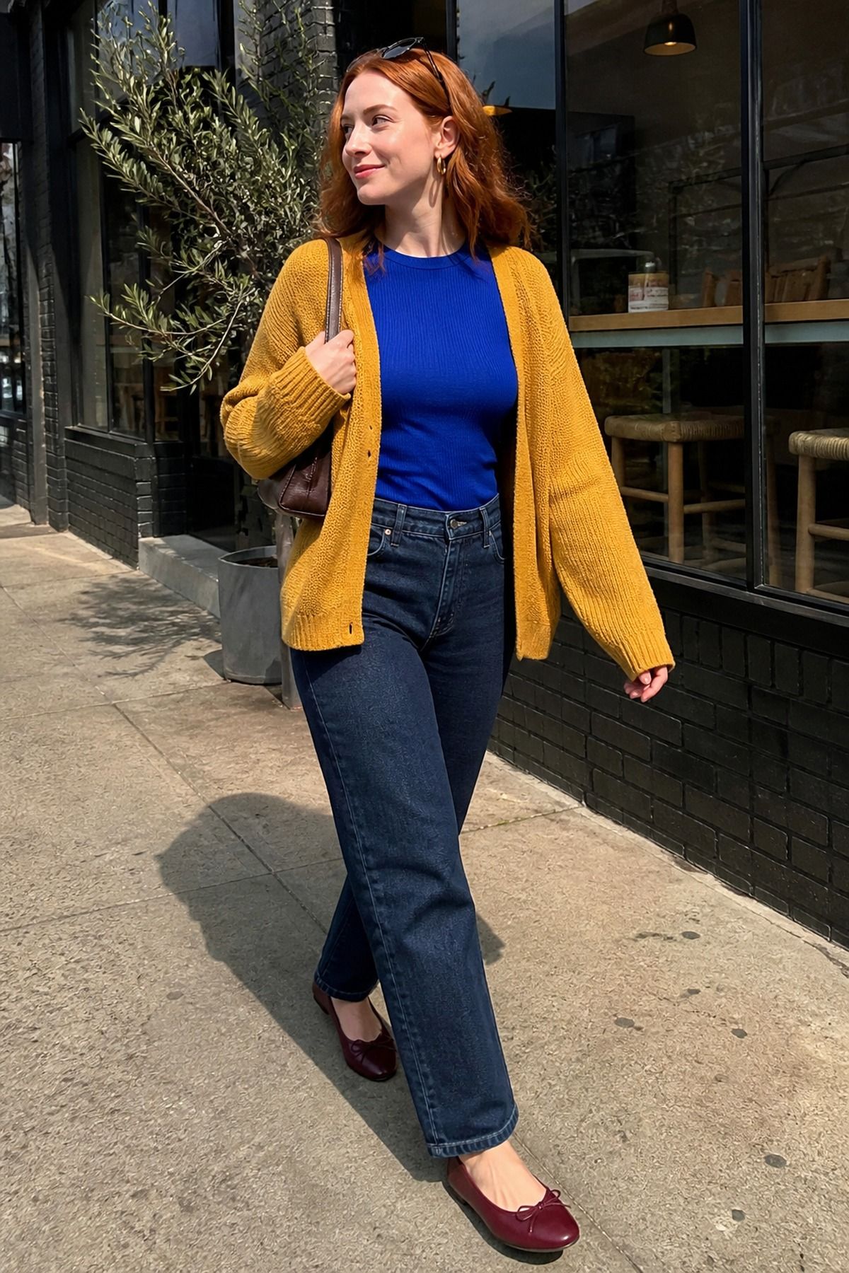 Woman wearing a royal blue top with a mustard cardigan