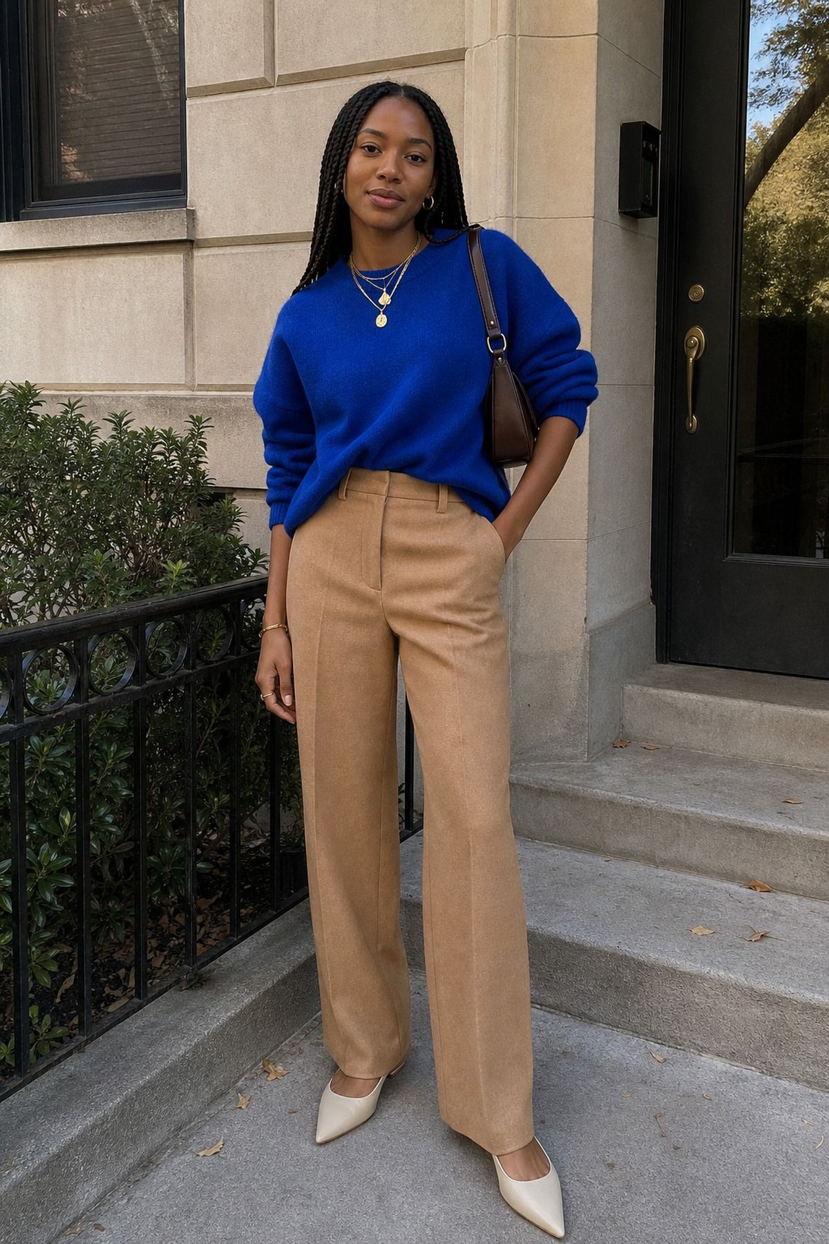 Woman wearing a royal blue sweater with camel wool trouser