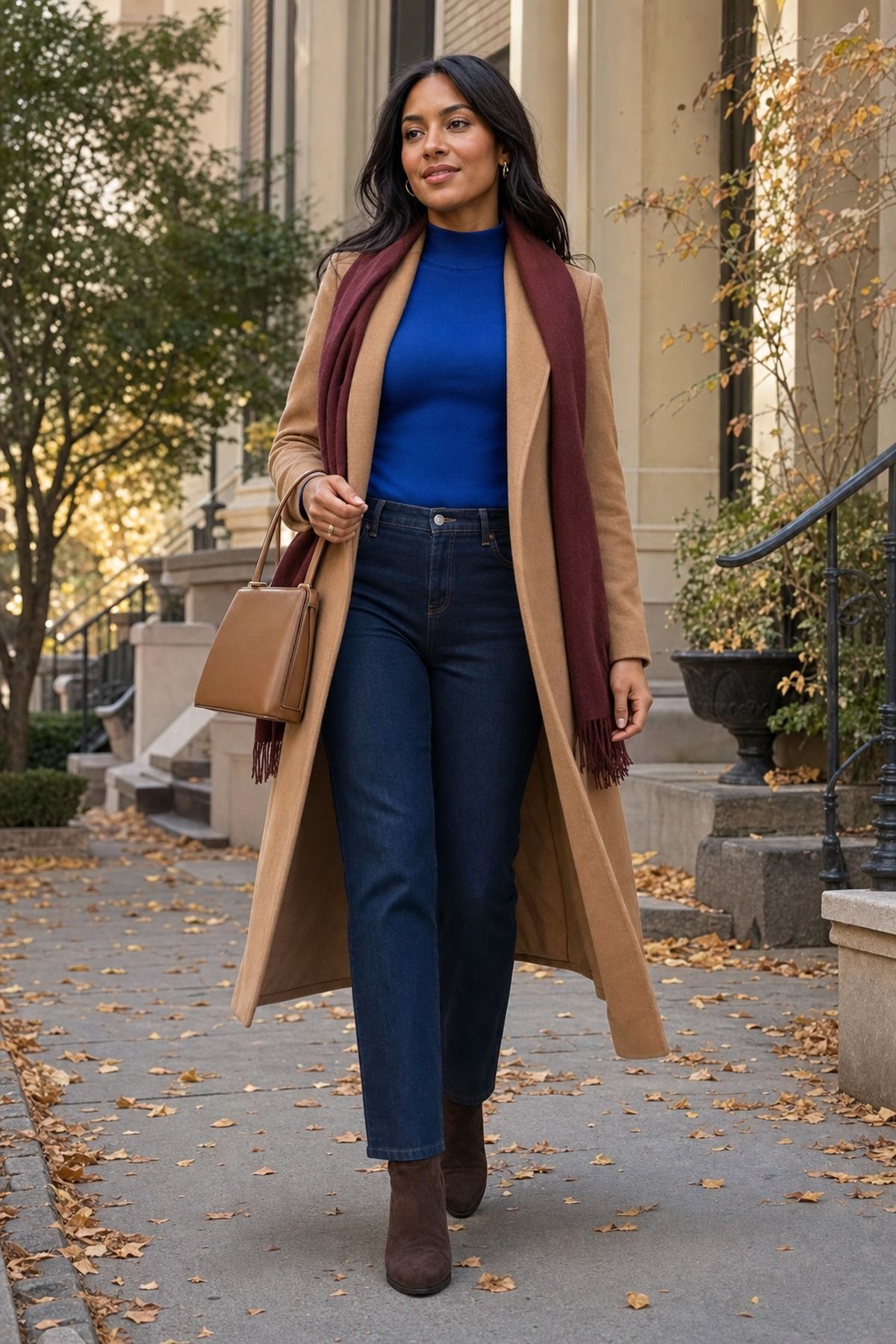 Woman wearing a royal blue mock neck with a camel coat for fall