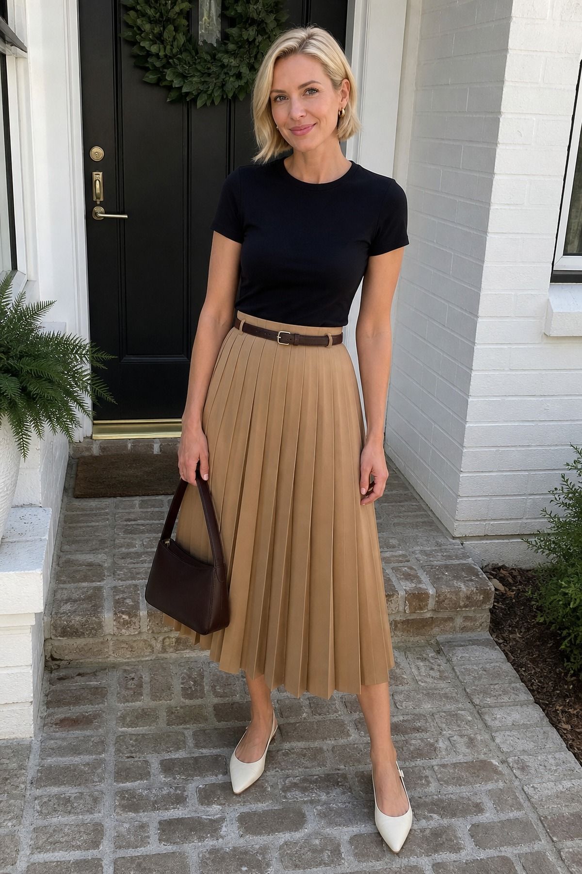 Woman wearing a fitted tee tucked into a pleated midi skirt, a casual t-shirt and skirt outfit