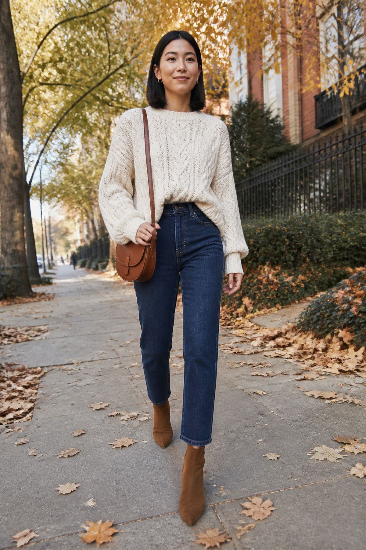 Woman wearing an oversized knit with straight-leg jeans and ankle boots, a casual Thanksgiving outfit