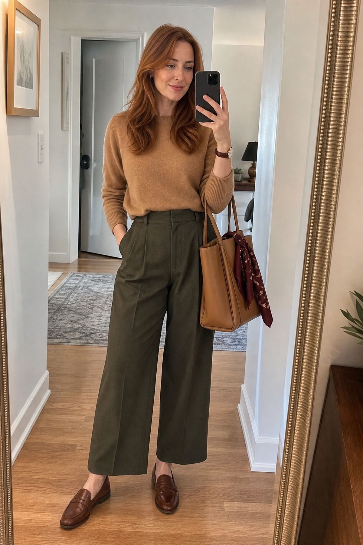 Woman wearing a camel cashmere crewneck with wide-leg trousers, a casual Thanksgiving outfit