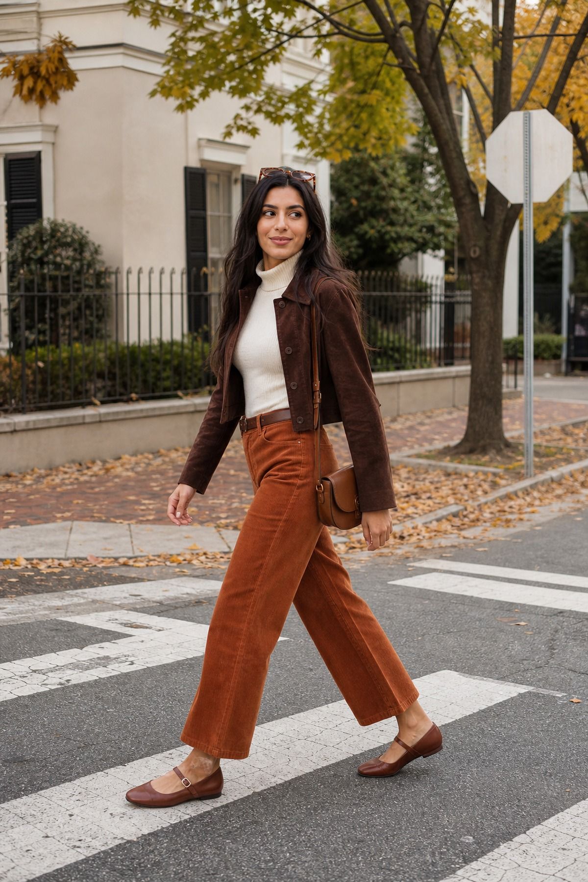 Woman wearing corduroy wide-leg pants with a cream turtleneck, a casual Thanksgiving outfit