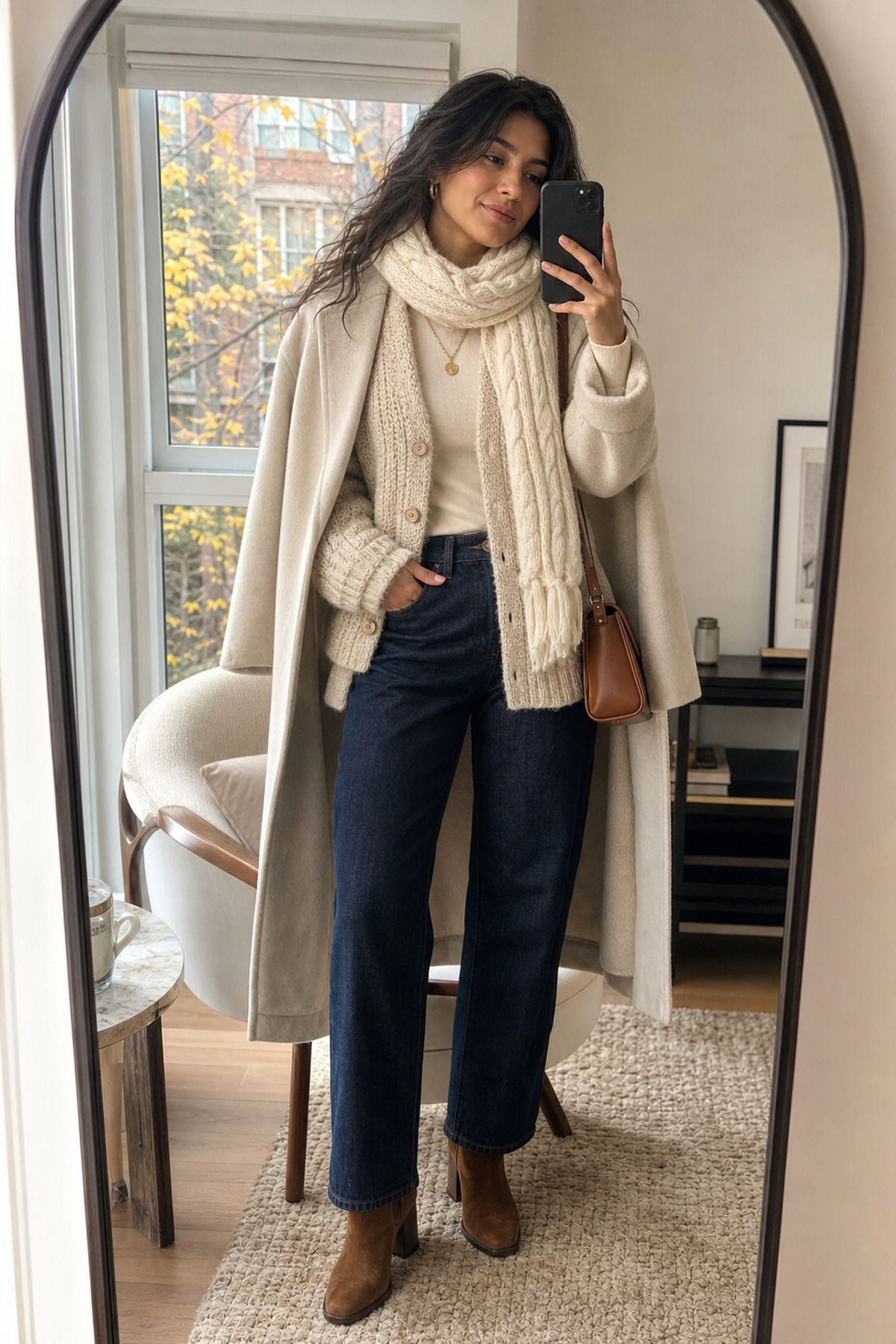 Woman wearing a chunky cardigan with a fine-knit base and chunky scarf, a cozy fall outfit