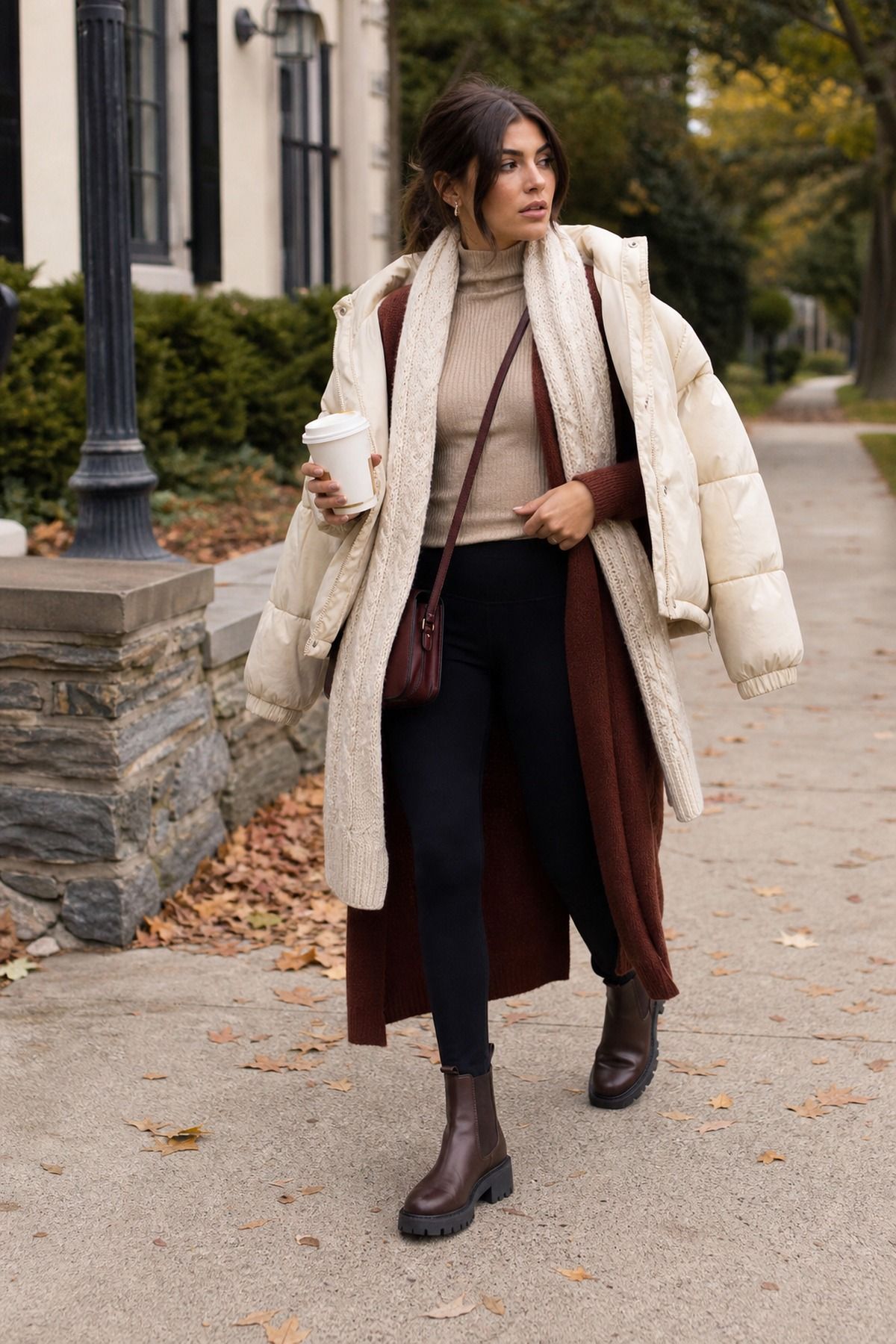Woman wearing a long cardigan with leggings and puffer jacket, a cozy fall outfit