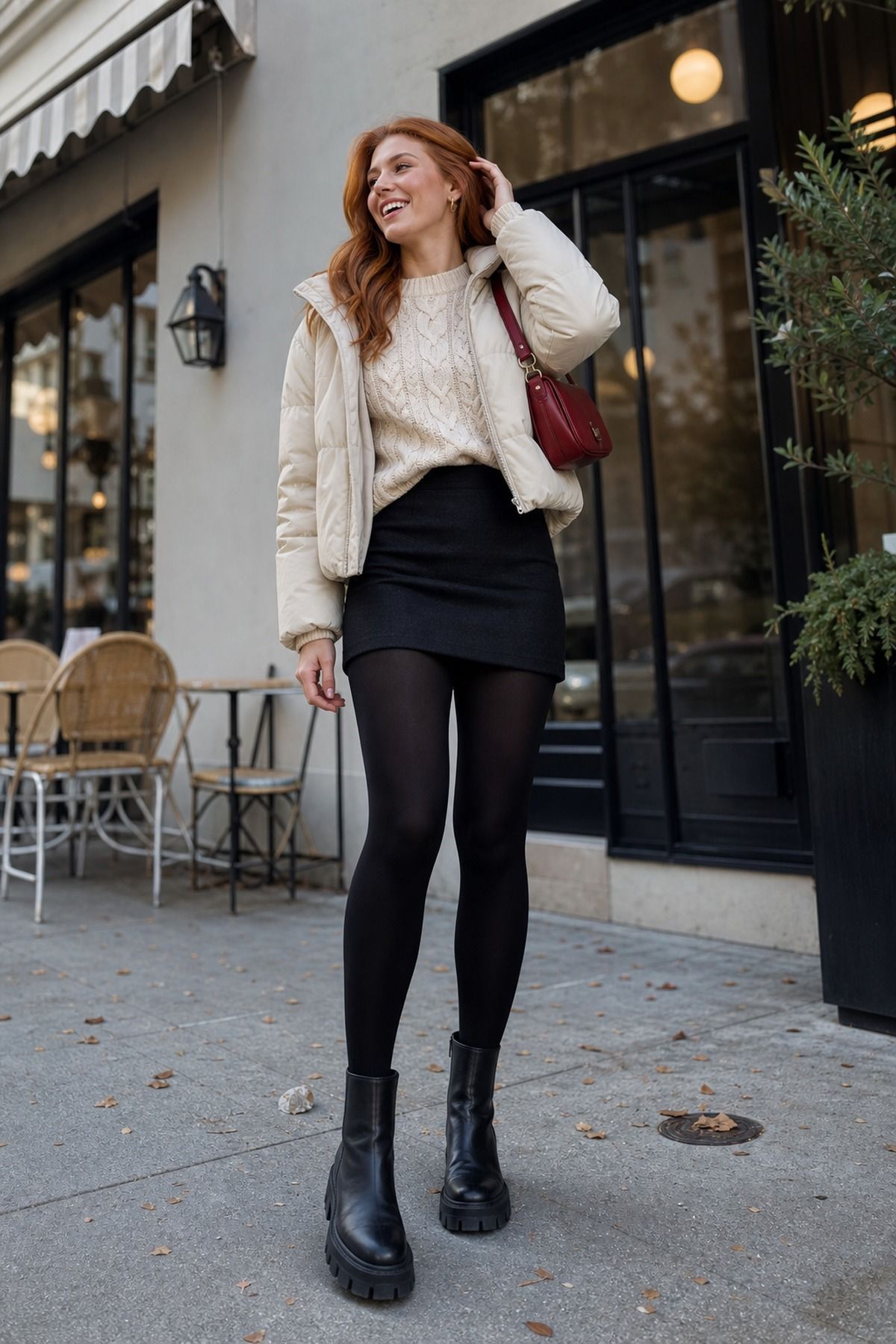 Woman wearing an oversized sweater with a mini skirt and puffer jacket, a cozy fall outfit