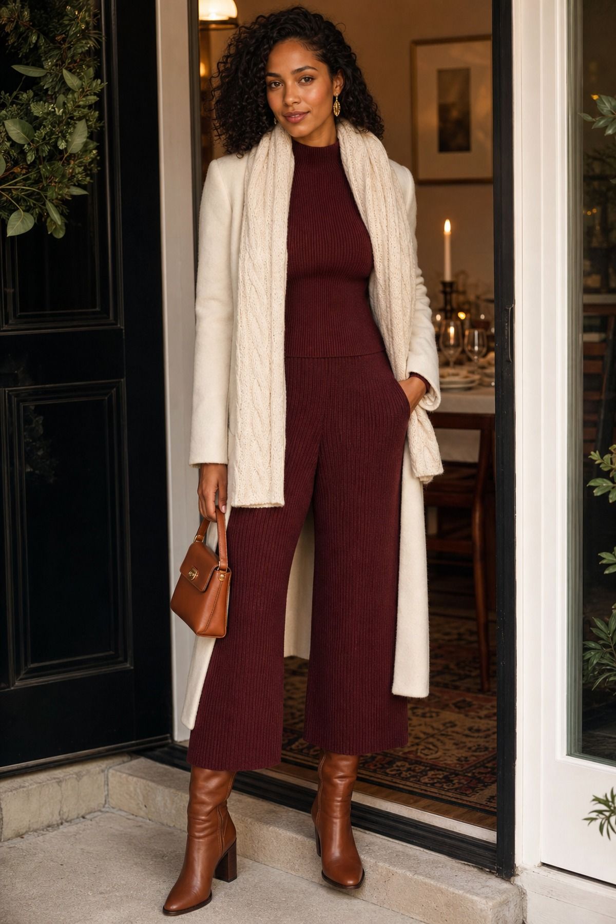 Woman wearing a layered knit set with a coat and tall boots, a cozy fall outfit