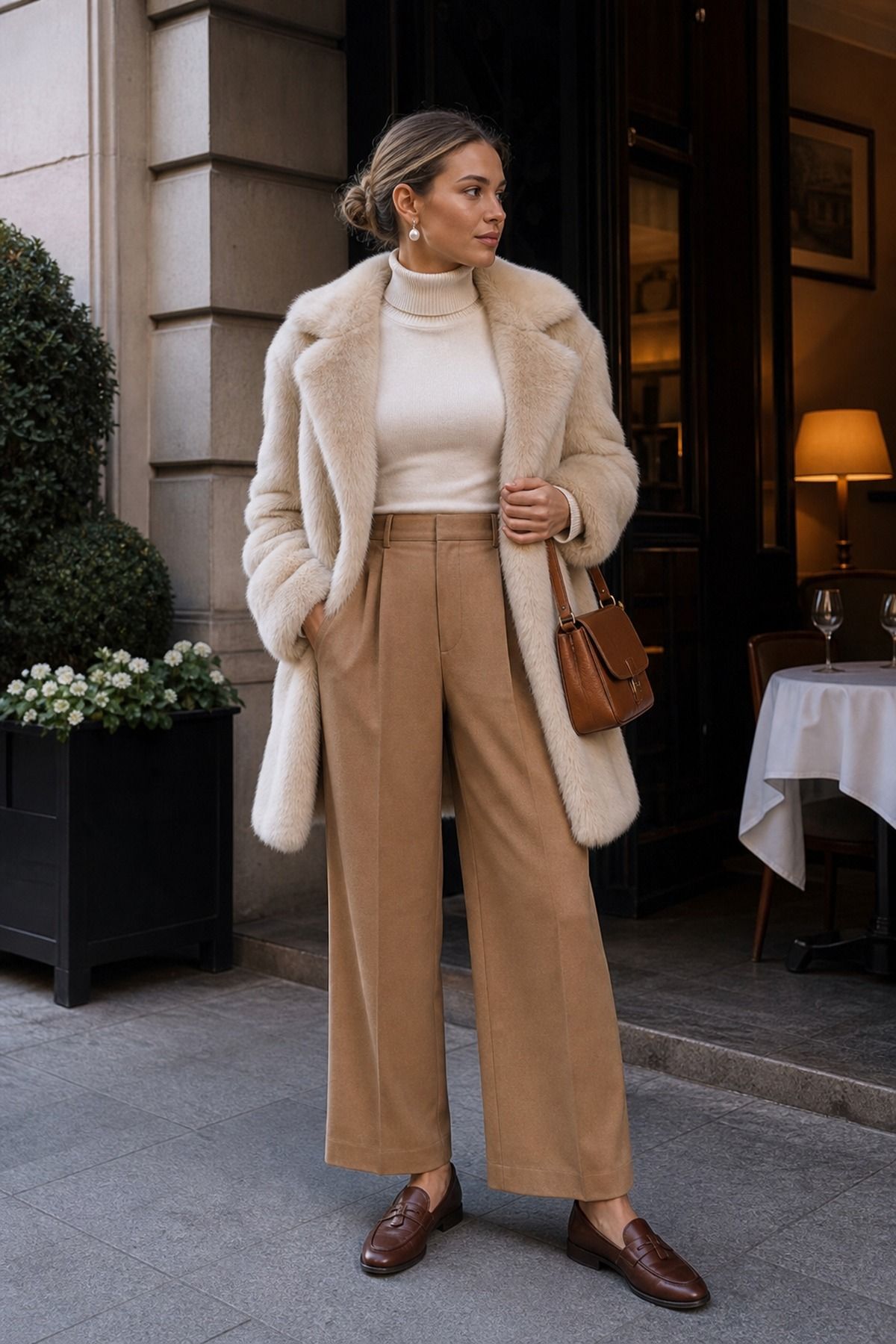 Woman wearing a faux fur coat over a slim turtleneck and wide-leg pants, a cozy fall outfit