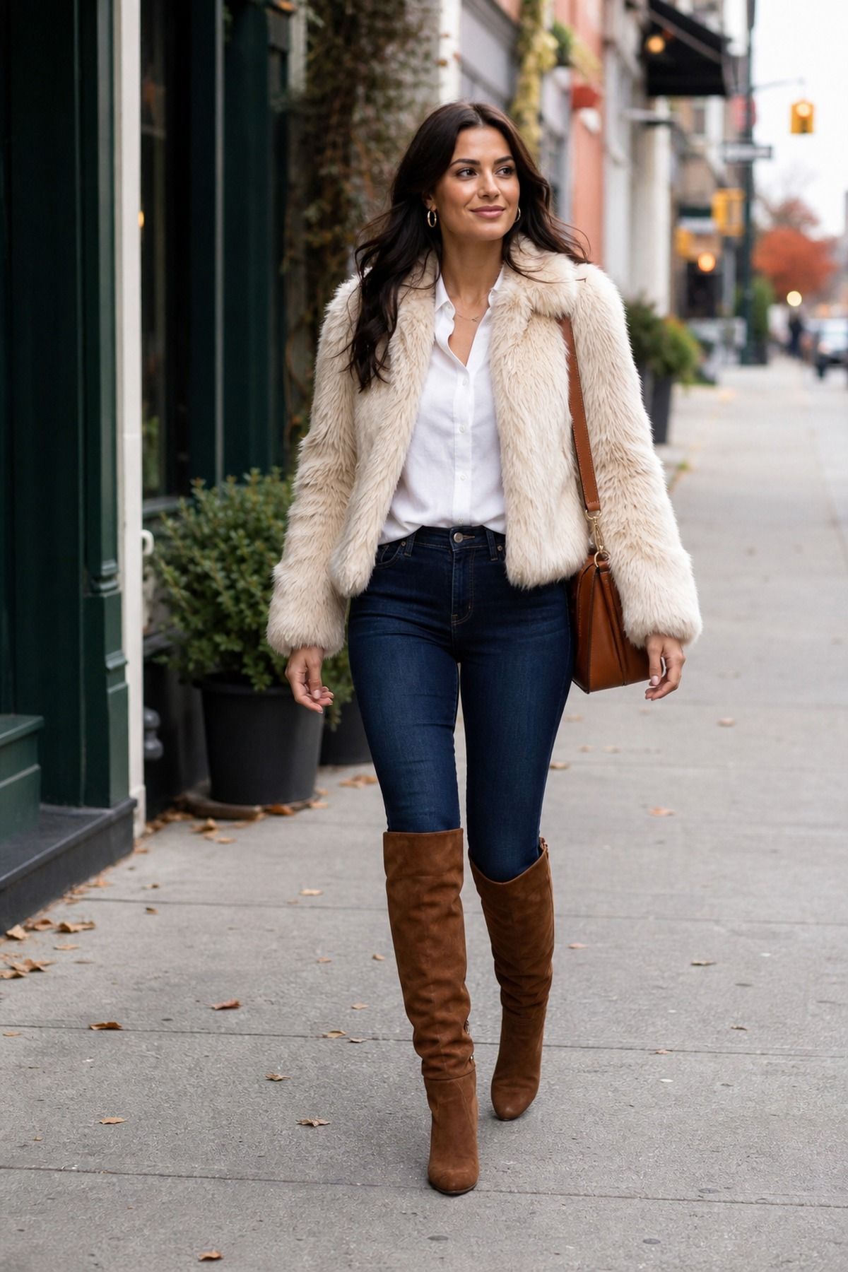 Chestnut Suede Knee-High Boots With Skinny Jeans and Faux Fur outfit idea for 10 Best Fall Brown Boots Outfit Ideas That Look Curated.
