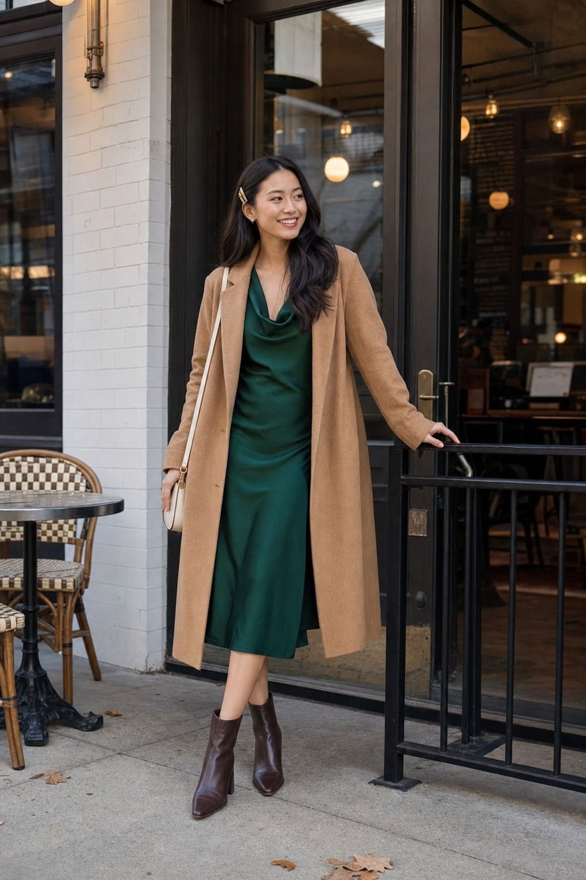 Woman wearing an emerald midi dress with a camel coat, a Thanksgiving outfit