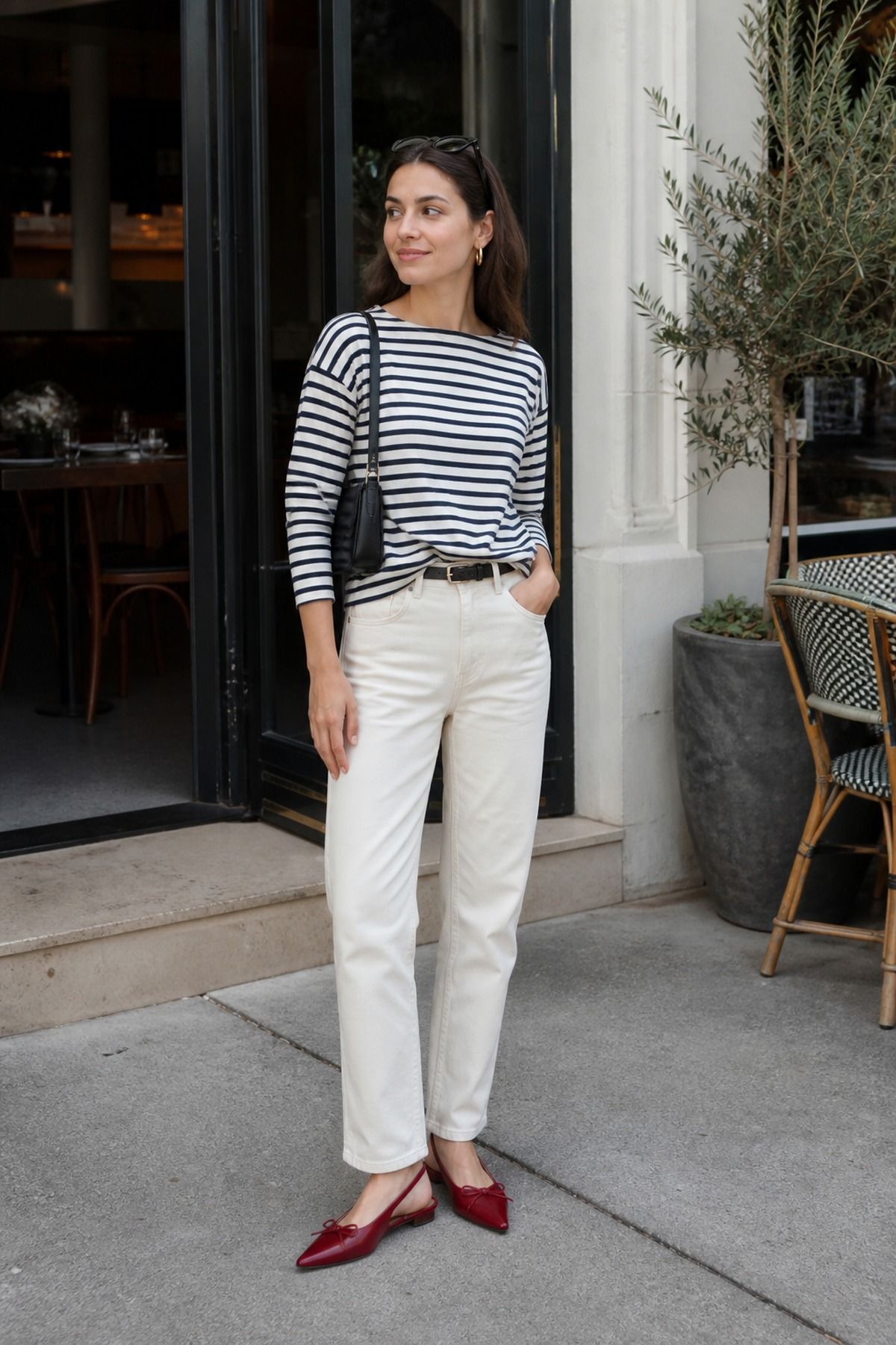 Woman wearing a boatneck three-quarter sleeve top
