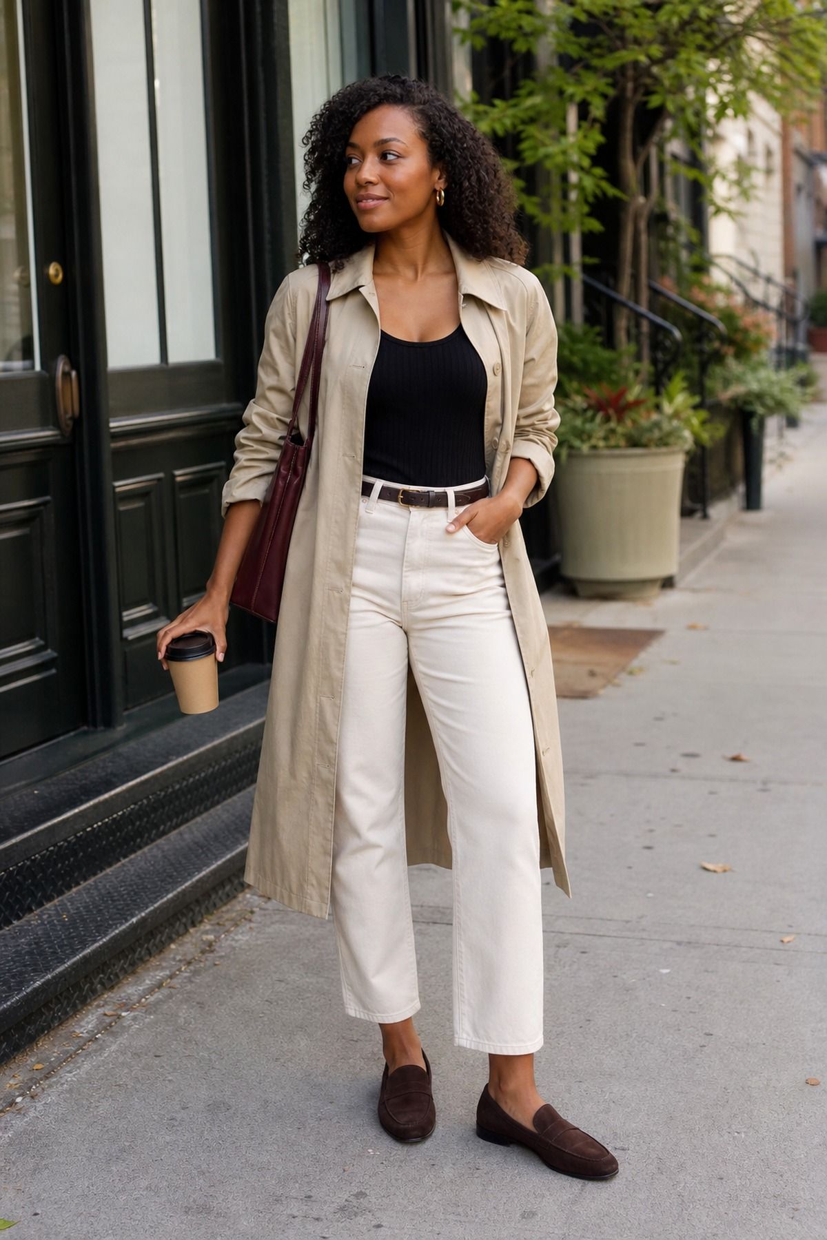 Woman wearing a lightweight trench coat