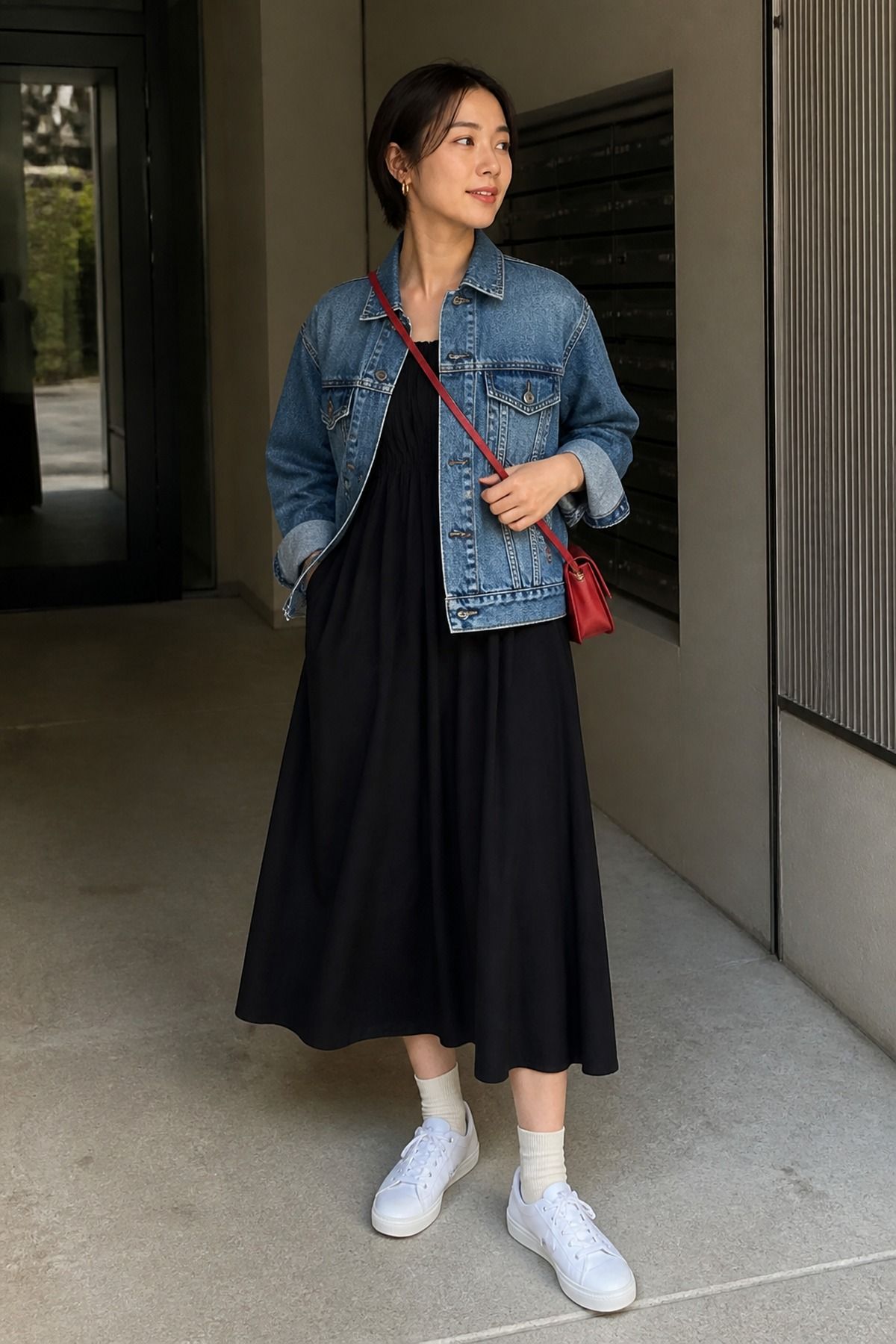 Woman wearing a denim jacket with a relaxed fit