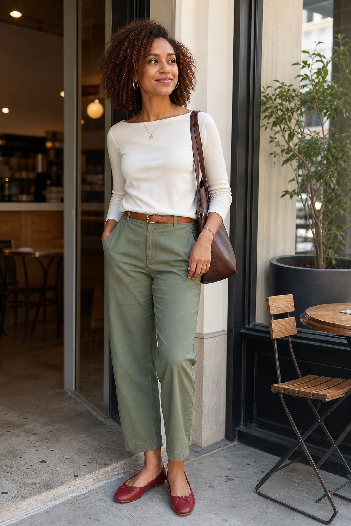 Woman wearing simple gold hoops