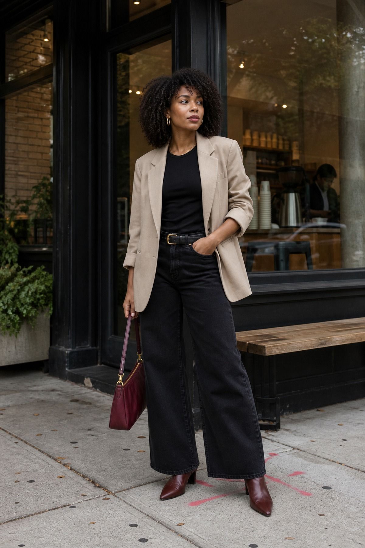 Woman wearing a beige blazer over a black top with wide-leg black jeans black jeans