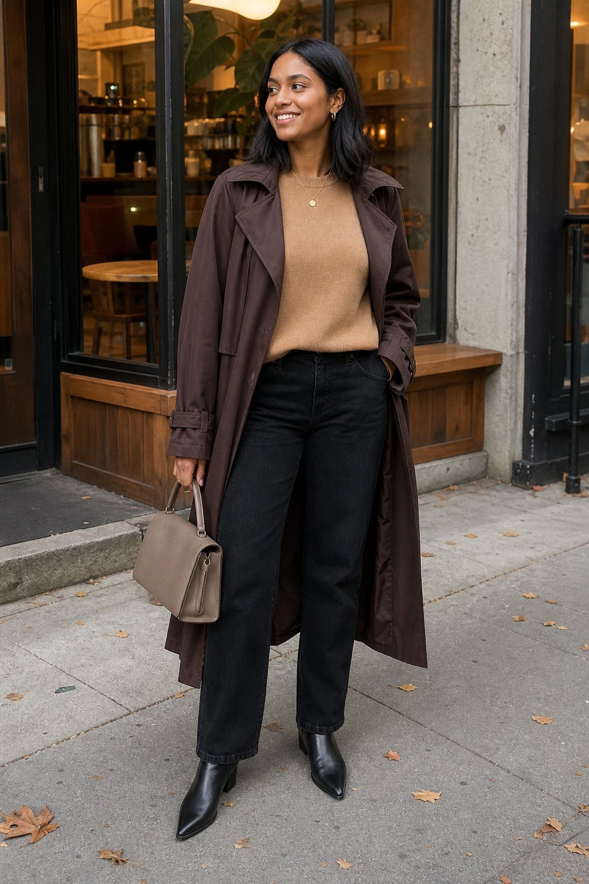 Woman wearing chocolate brown trench over a camel cashmere crewneck black jeans